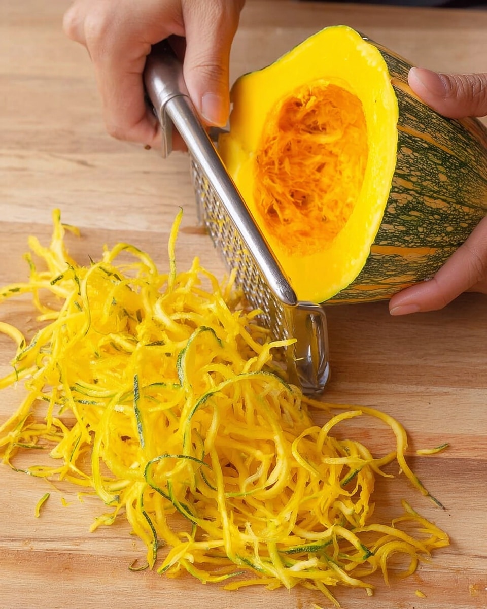 A woman's hand holds half a bright orange-yellow squash with a green edge, while another woman's hand uses a silver peeler to peel thin strands of squash, which fall onto a light wooden surface next to the squash. The peeled squash strands are long, curly, and vibrant yellow with some green spots, creating a loose pile beside the squash piece. The scene shows the contrast between the solid, smooth inside of the squash and the delicate, delicate peeled layers on the wood. photo taken with an iphone --ar 4:5 --v 7