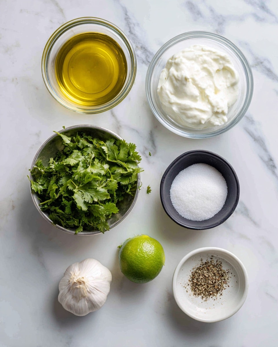 The image shows seven ingredients arranged on a white marbled surface. At the top left is a clear glass bowl filled with golden olive oil, with the label above it. To the right is another clear glass bowl filled with thick white Greek yogurt, labeled above. Below the olive oil is a metallic measuring cup filled with fresh green cilantro leaves, labeled above. To the right of the cilantro is a small black bowl filled with white sugar, labeled above. Below the sugar and cilantro is a single peeled garlic clove placed on the surface. Below the garlic is a whole bright green lime. Next to the garlic and lime, to the right, is a small white bowl containing a mix of seasonings, mainly white with some black pepper specks, also labeled above. The setup is neat, with clear labels in black text above each item and bright, natural lighting. Photo taken with an iphone --ar 4:5 --v 7