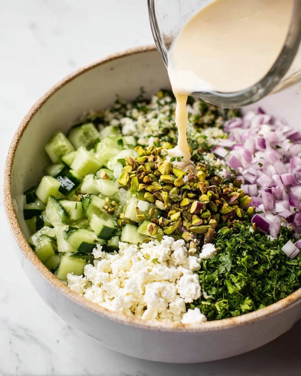The image shows eight clear glass bowls arranged on a white marbled surface, each filled with different salad ingredients. Starting from the top left, the first bowl is filled with cooked quinoa, golden and slightly grainy in texture. Next to it on the right is a bowl of chopped cucumber, bright green with a fresh, watery look. To the right of the cucumber is a smaller bowl of finely chopped fresh mint, deep green with a leafy texture. Below the mint is a bowl of fresh parsley, also finely chopped with a rich green color. Towards the bottom right is a bowl filled with crushed pistachios, showing a mix of green and light brown bits. To the left of the pistachios is a bowl of light brown chickpeas, round and smooth. Above the chickpeas is a bowl of diced red onion, showing white and light purple pieces. The last bowl on the bottom left holds crumbled white feta cheese, soft and crumbly in texture. All bowls are evenly spaced and clearly visible. Photo taken with an iphone --ar 4:5 --v 7