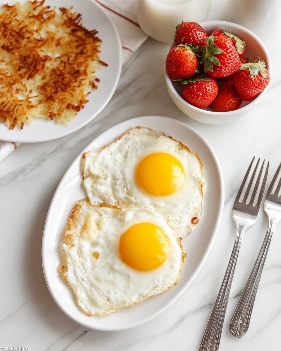 The image shows a white oval plate with two fried eggs side by side, each egg having bright yellow yolks and white with lightly crispy edges. To the top left, there is a white plate with golden brown, crispy hash browns. To the top right, a white bowl is filled with fresh, red strawberries with green leaves still attached. The setting has a white marbled surface with two silver forks placed to the right of the plate with eggs. A white container or jug is partially visible behind the bowl of strawberries. photo taken with an iphone --ar 4:5 --v 7
