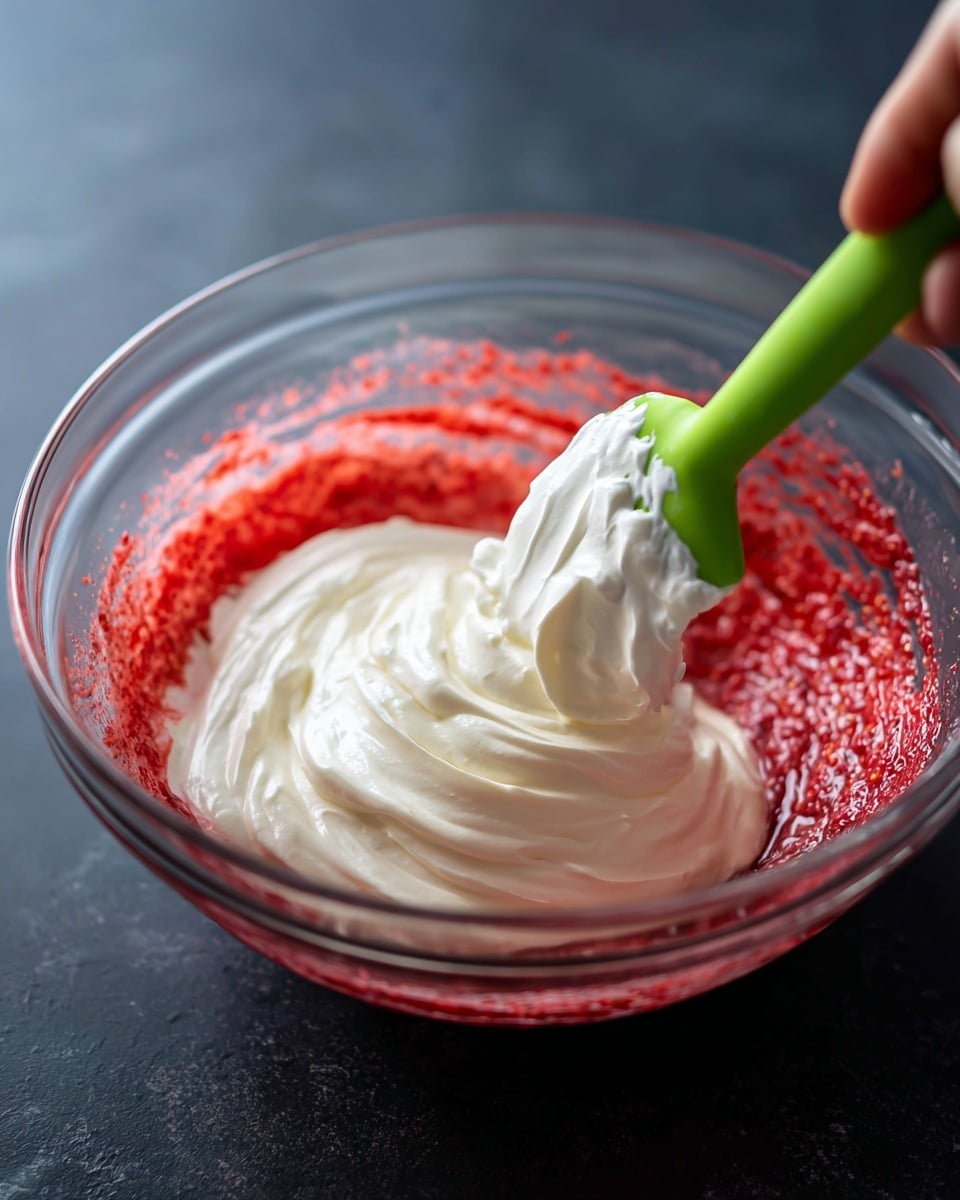 A clear glass bowl contains two main layers being mixed together: a bright red mixture with a rough, textured surface at the bottom and a thick, smooth white cream layer on top. The white cream is forming soft peaks and is being folded gently into the red layer by a green spatula held by a woman's hand, which is only partially visible on the right side of the image. The bowl is set on a dark surface. photo taken with an iphone --ar 4:5 --v 7