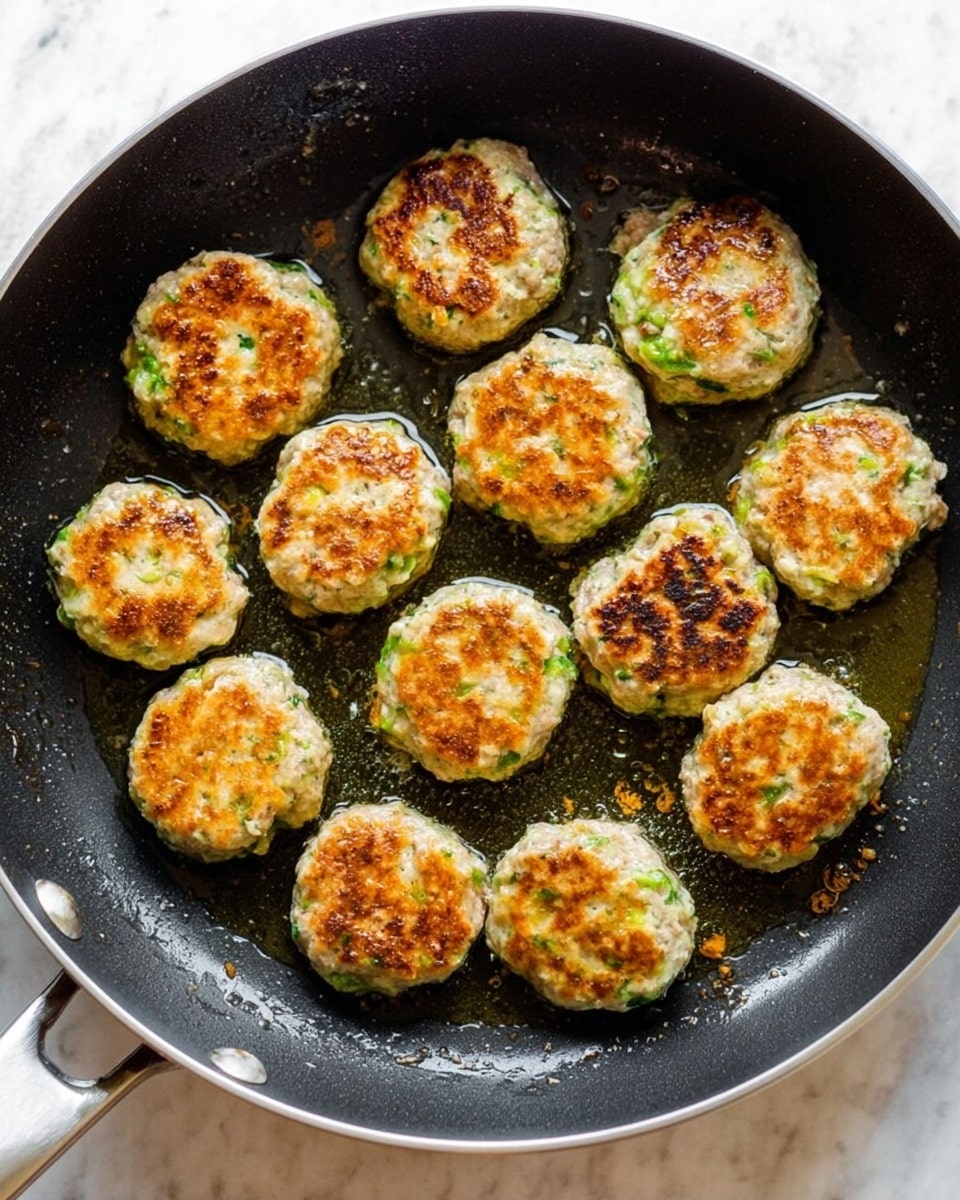 A black frying pan filled with eleven small, round patties cooking in glistening oil. Each patty shows a mix of light beige and green colors, with golden brown patches on top from frying. The pan sits on a white marbled surface, and the patties are spaced evenly inside, showing a textured, slightly crispy surface. photo taken with an iphone --ar 4:5 --v 7