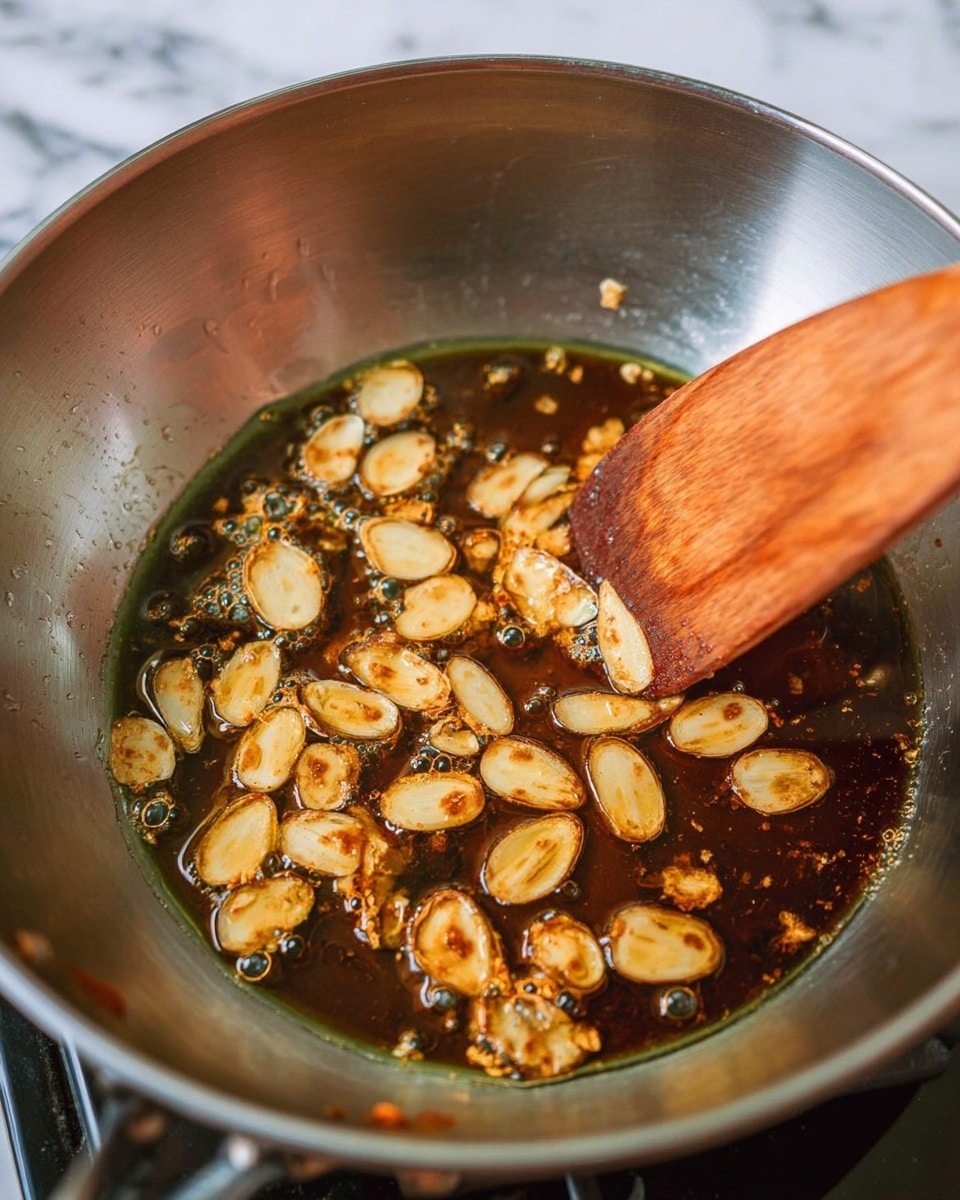 In this close-up image, there is a metal pan filled with hot oil where thin slices of garlic are frying. The garlic slices are golden brown and crispy, spread mostly at the center and lower half of the pan. A wooden spatula is held above the pan, lifting some of the fried garlic pieces. The oil reflects light, showing a shiny, smooth surface with small bubbles around the garlic slices. The background shows a white marbled texture. Photo taken with an iphone --ar 4:5 --v 7