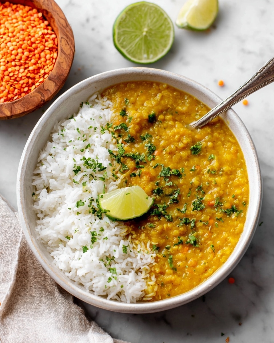 A white bowl is filled with two layers: one half has white rice with a soft, fluffy texture, and the other half contains a thick yellow lentil curry with visible small chunks and a slightly grainy texture. The curry is sprinkled with green chopped herbs on top. A lime wedge partly rests on the curry near the center, adding a fresh green highlight. A silver spoon is placed inside the bowl, resting on the side of the curry layer. In the background, a halved lime and a wooden bowl filled with uncooked red lentils sit on a white marbled surface. Photo taken with an iphone --ar 4:5 --v 7