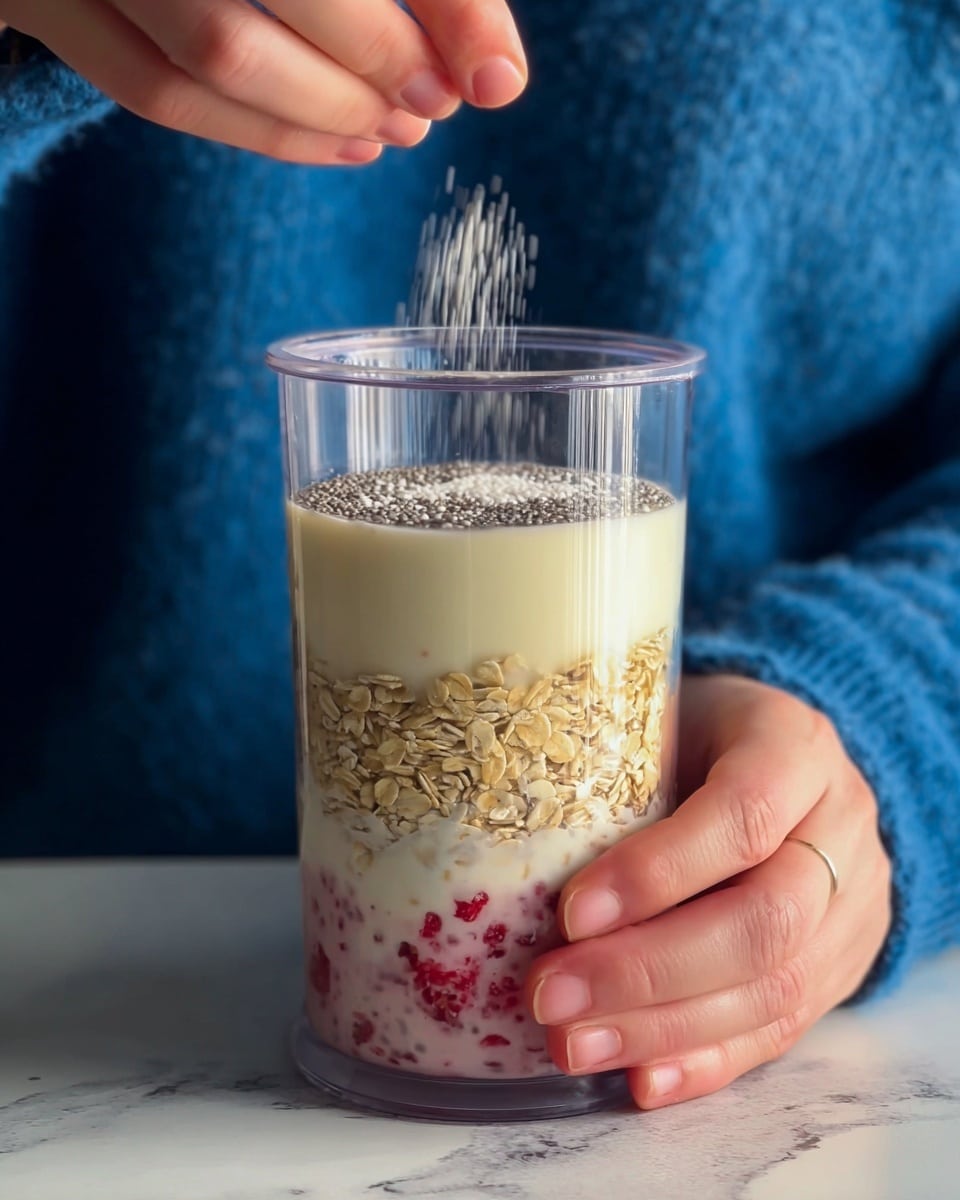 A clear blender cup shows three main layers: the bottom layer is creamy white liquid with bits of red fruit visible inside, the middle layer is a thick layer of rolled oats, light brown and textured, and the top layer is small gray chia seeds. A woman's hand is holding the cup on one side, while another woman's hand sprinkles small white granules into the cup from above. The background is soft and blurred with a blue fuzzy sweater visible, and the surface under the cup is a white marbled texture. photo taken with an iphone --ar 4:5 --v 7