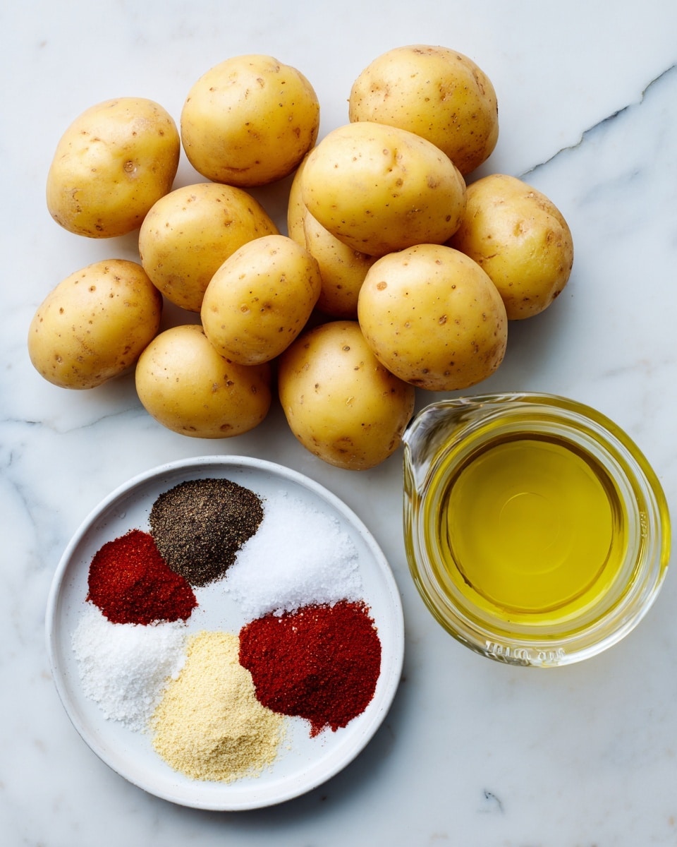 The image shows a group of small yellow potatoes placed together on a white marbled surface. To the right, there is a clear measuring cup with light yellow oil inside. Below the cup, a small white plate holds four piles of ground spices in separate sections: dark black pepper, red smoked paprika, white salt, and pale yellow garlic powder. Each element is neatly arranged with space between them, placed on a clean white marbled background. photo taken with an iphone --ar 4:5 --v 7