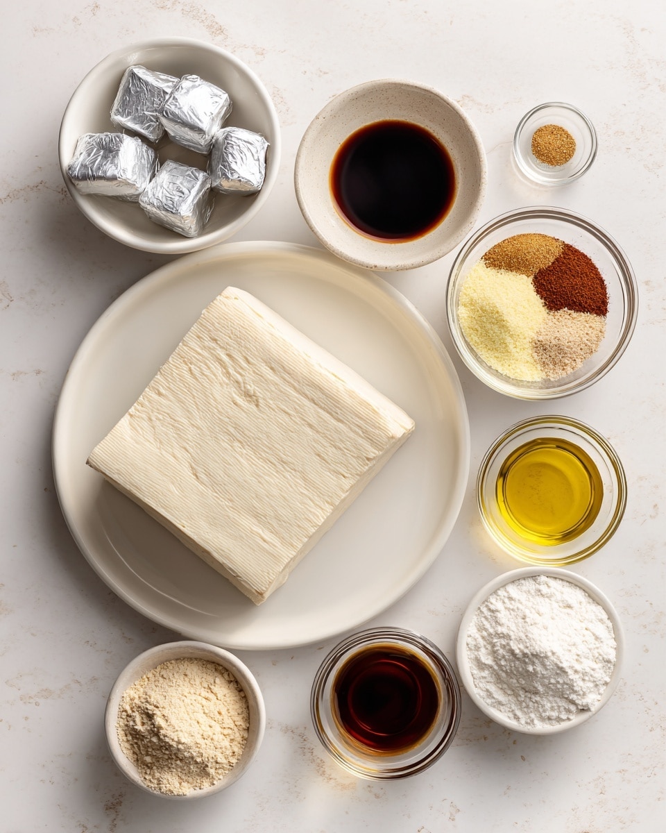 The image shows a white plate at the bottom left with a large block of extra-firm tofu, which is smooth and pale cream in color. Surrounding the plate are seven small bowls of ingredients on a white marbled surface. At the top left is a small bowl with three silver-wrapped chick’n style bouillon cubes. Next to it, centrally placed, is a white bowl filled with dark brown soy sauce that is smooth and shiny. To the top right is another white bowl containing a mix of light brown, white, and reddish-brown spices in a layered pattern. Below the soy sauce, in the middle, is a white bowl filled with pale yellow nutritional yeast flakes. To the right of that is a small clear glass bowl filled with white cornstarch powder that looks soft and fine. Below the bouillon is a clear glass bowl with dark brown liquid labeled liquid smoke. Next to it is another clear glass bowl with golden-yellow olive oil, both placed near the center bottom. Finally, at the bottom right is a larger white bowl holding a light tan powdery substance of vital wheat gluten. The whole setup is clean, bright, and arranged neatly. Photo taken with an iphone --ar 4:5 --v 7