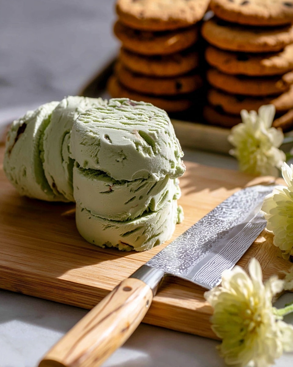 A close-up view of several slices of pale green ice cream with a smooth, creamy texture and some small dark bits inside, stacked slightly leaning on each other on a light wooden cutting board. To the right, a large, shiny knife with a patterned blade and a light wooden handle rests on the board. In the background, there are several stacks of round golden brown cookies with visible seeds on a tray, set against a softly lit white marbled surface. Light yellow flowers add a soft decorative touch on the right side. Photo taken with an iphone --ar 4:5 --v 7