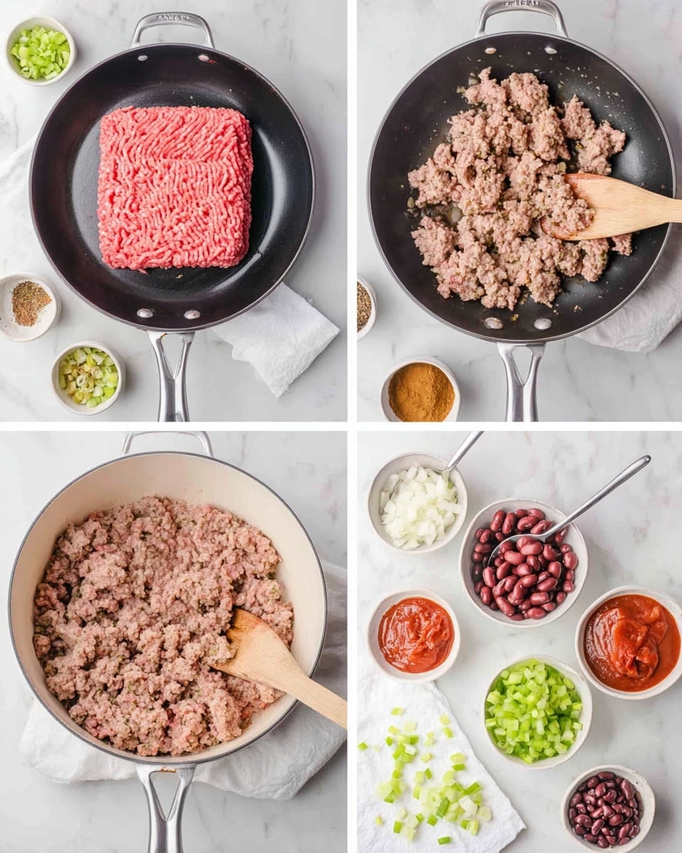 The image is divided into four smaller photos showing the cooking process with ground meat. In the top left, a single layer of raw pink ground meat is placed in a black frying pan on a white marbled surface with small bowls of spices and chopped celery nearby. The top right shows the meat cooked and broken up into small brown pieces in the pan, stirred with a wooden spatula. The bottom left shows the cooked meat on white paper towels, absorbing excess liquid, on the white marbled surface with ingredients around it. The bottom right shows the cooked meat in a white pot, surrounded by small bowls of chopped celery, beans, spices, and tomato sauce, all on the white marbled surface. Photo taken with an iphone --ar 4:5 --v 7