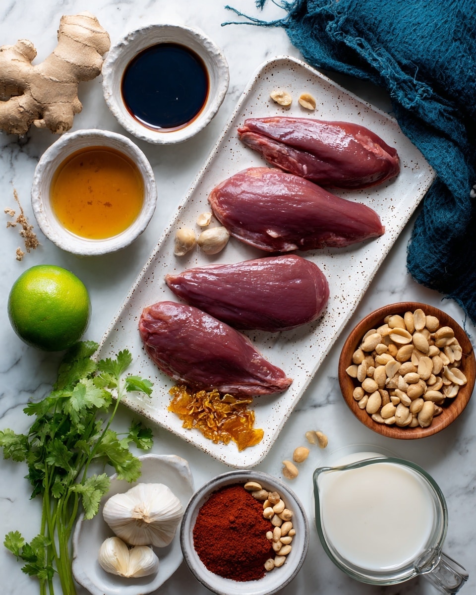 The image shows a flat lay of raw grouse breasts placed side by side on a white rectangular plate with small dark speckles, centered on a white marbled surface. Around this plate, various small white bowls and measuring cups hold ingredients like dark soy sauce, golden honey, creamy peanut butter, and chili crisp with a crunchy texture. Fresh ingredients include garlic cloves, a whole green lime, a piece of ginger root, and some green cilantro sprigs. There is also a small wooden bowl with rich red curry paste and a bowl of light brown roasted peanuts. A glass measuring cup with white coconut milk is on the right side, and a dark blue cloth partially covers the background near the top. Photo taken with an iphone --ar 4:5 --v 7