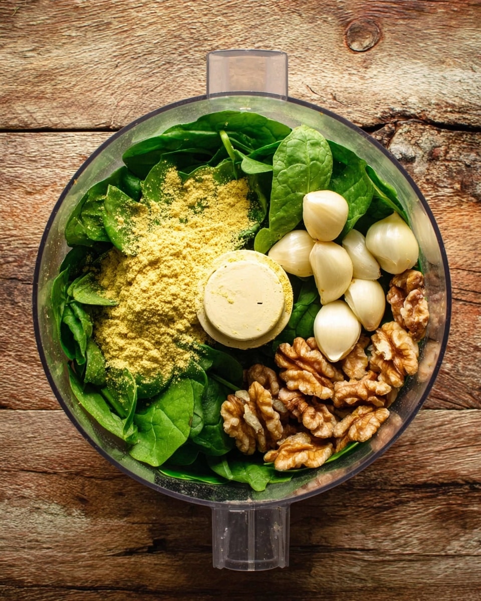 The image shows a round food processor bowl filled with fresh green spinach leaves forming the base layer. On top of the spinach, there are several whole garlic cloves with a smooth, off-white color clustered slightly to the right. Near the garlic and spread across the spinach are medium-sized walnut halves, light brown with textured surfaces. A pile of yellow powder, likely nutritional yeast, sits in the upper middle area resting on the spinach leaves. The bowl is placed on a wooden surface with a rustic texture, but the background should be changed to a white marbled texture. photo taken with an iphone --ar 4:5 --v 7