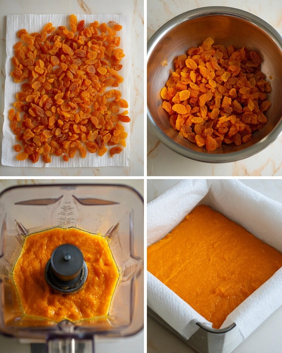 The image shows four steps of preparing a dish with dried apricots. The top left part displays many small chopped orange dried apricot pieces spread over a white marbled surface. The top right shows the same pieces now placed inside a shiny metal bowl. The bottom left captures an electric blender with the dried apricots inside, being blended into a smooth orange mixture. The bottom right displays an orange apricot paste spread evenly in a square white baking dish lined with white parchment paper, sitting on a white marbled surface. photo taken with an iphone --ar 4:5 --v 7