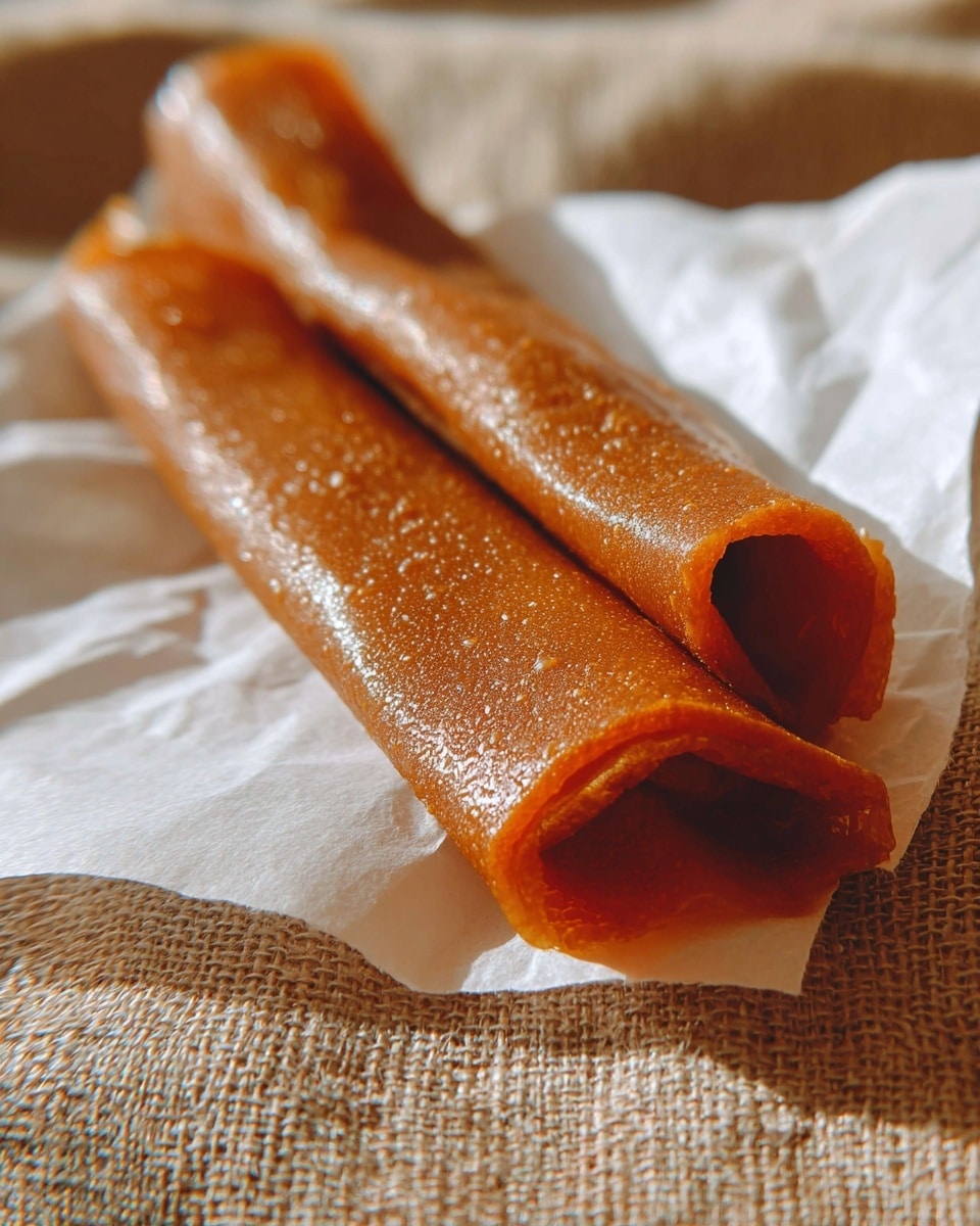 Two rolled sheets of dark orange fruit leather rest on a white crinkled paper, showing a slightly shiny and smooth texture with subtle small bubbles and a few irregular edges. The rolls are placed on a natural woven fabric with a soft focus, with one roll partially overlapping the other creating a layered look photo taken with an iphone --ar 4:5 --v 7
