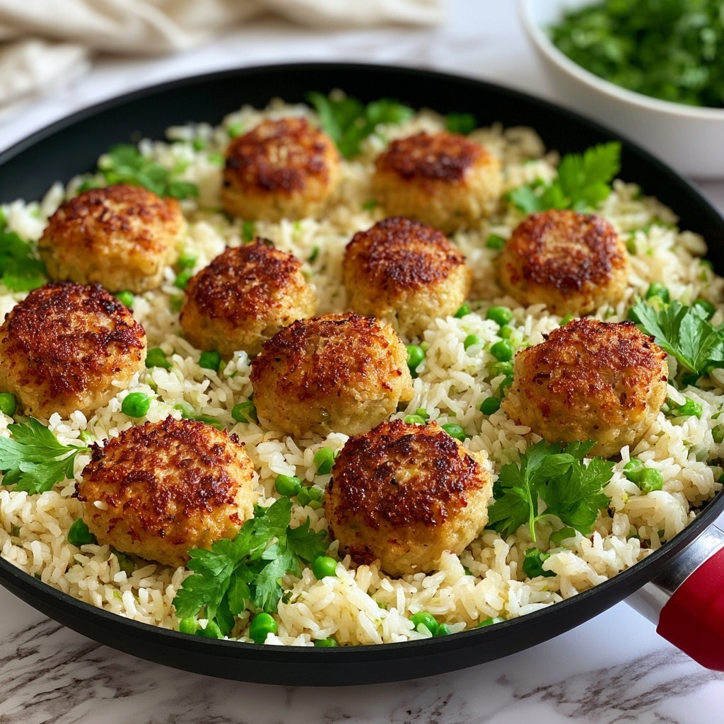 A black pan with a red handle holds a dish made of white rice mixed with small green peas, scattered evenly throughout. On top of the rice, there are nine evenly spaced golden-brown meatballs with a textured surface showing some crispiness. Bright green parsley leaves are placed around the meatballs on the rice as garnish. The background shows a white marbled surface with a blurry light-colored cloth near the pan and a white bowl of fresh green herbs in the upper right corner. photo taken with an iphone --ar 4:5 --v 7