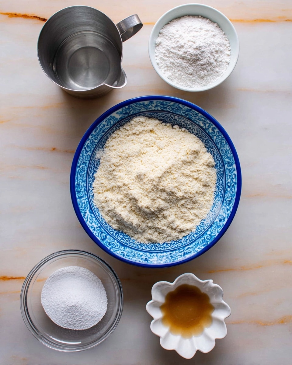 The image shows five containers with different ingredients on a white marbled surface. In the center is a large white bowl with blue patterns filled with a light beige powder that looks soft and crumbly. Above it to the right is a small white bowl filled with a fine white powder. To the left of the big bowl is a small metal jug filled with clear water. Below the big bowl and to the left is a small clear glass bowl filled with a white powder and a small amount of beige powder on top. To the right of the glass bowl is a small white bowl shaped like a flower, holding a light brown liquid with some texture. All items are arranged neatly on the surface photo taken with an iphone --ar 4:5 --v 7