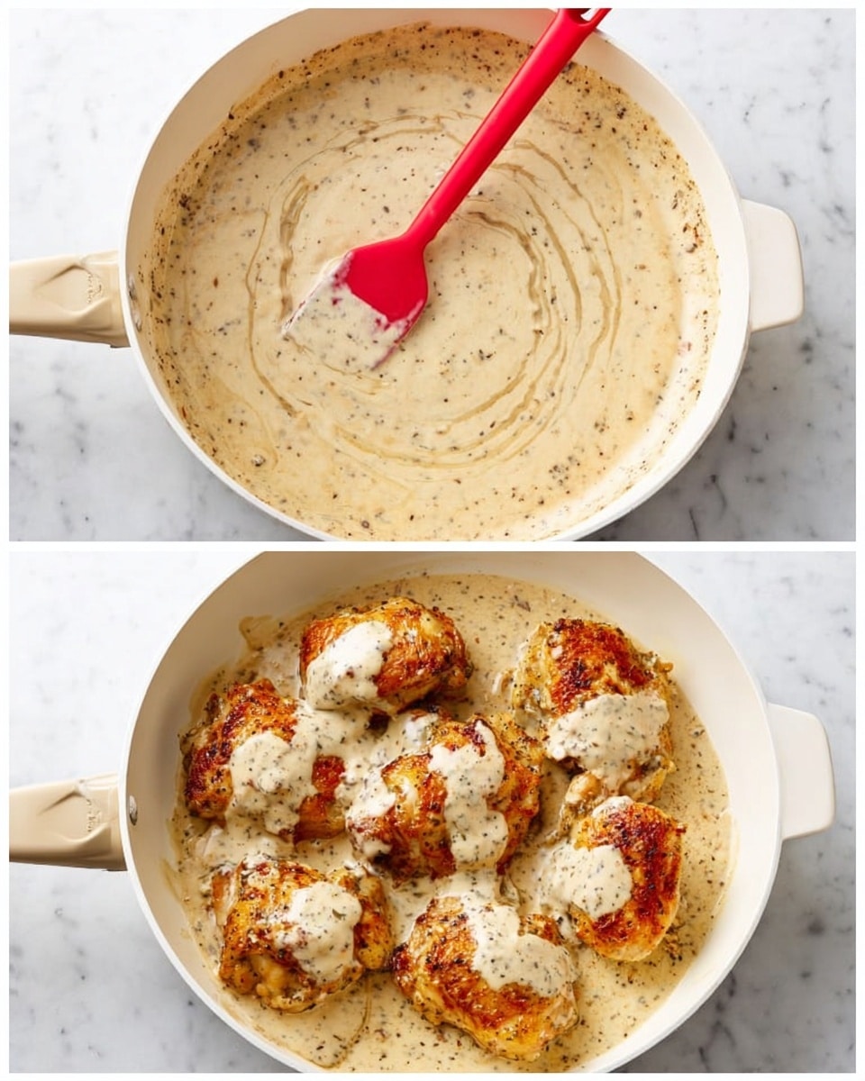 The first image shows a white pan filled with a creamy sauce that is light beige with darker specks, swirled smoothly using a red spatula in the middle of the pan. The second image shows the same white pan, but now it has five browned chicken pieces partially covered with the creamy sauce, which is drizzled over the golden-brown, textured chicken skin. Both images have a white marbled surface underneath. Photo taken with an iphone --ar 4:5 --v 7