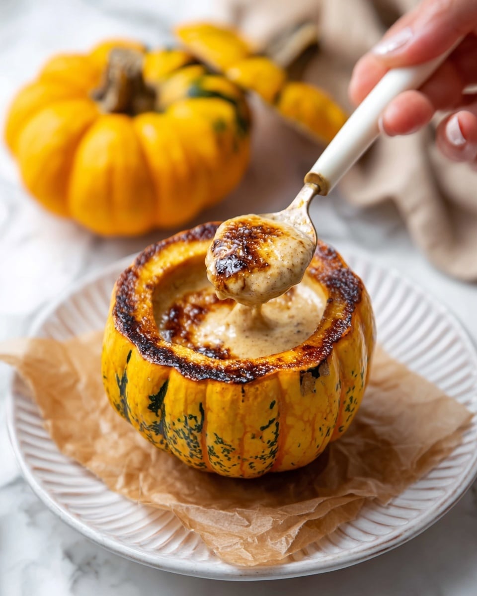 The image shows a white marbled surface with four small orange and green pumpkins placed near the top center. To the right, there is a white cup with black trim filled with whole cashew nuts. Below, arranged in a vertical line, are several small containers: a metal bowl with dark brown liquid, a white scalloped dish with ground brown spice, a clear glass cup with white liquid and a wooden handle, a small round black dish with white powder, and another metal bowl filled with white granules. A beige cloth is draped softly in the upper left corner. The scene is bright and clean, with all items spaced evenly. photo taken with an iphone --ar 4:5 --v 7