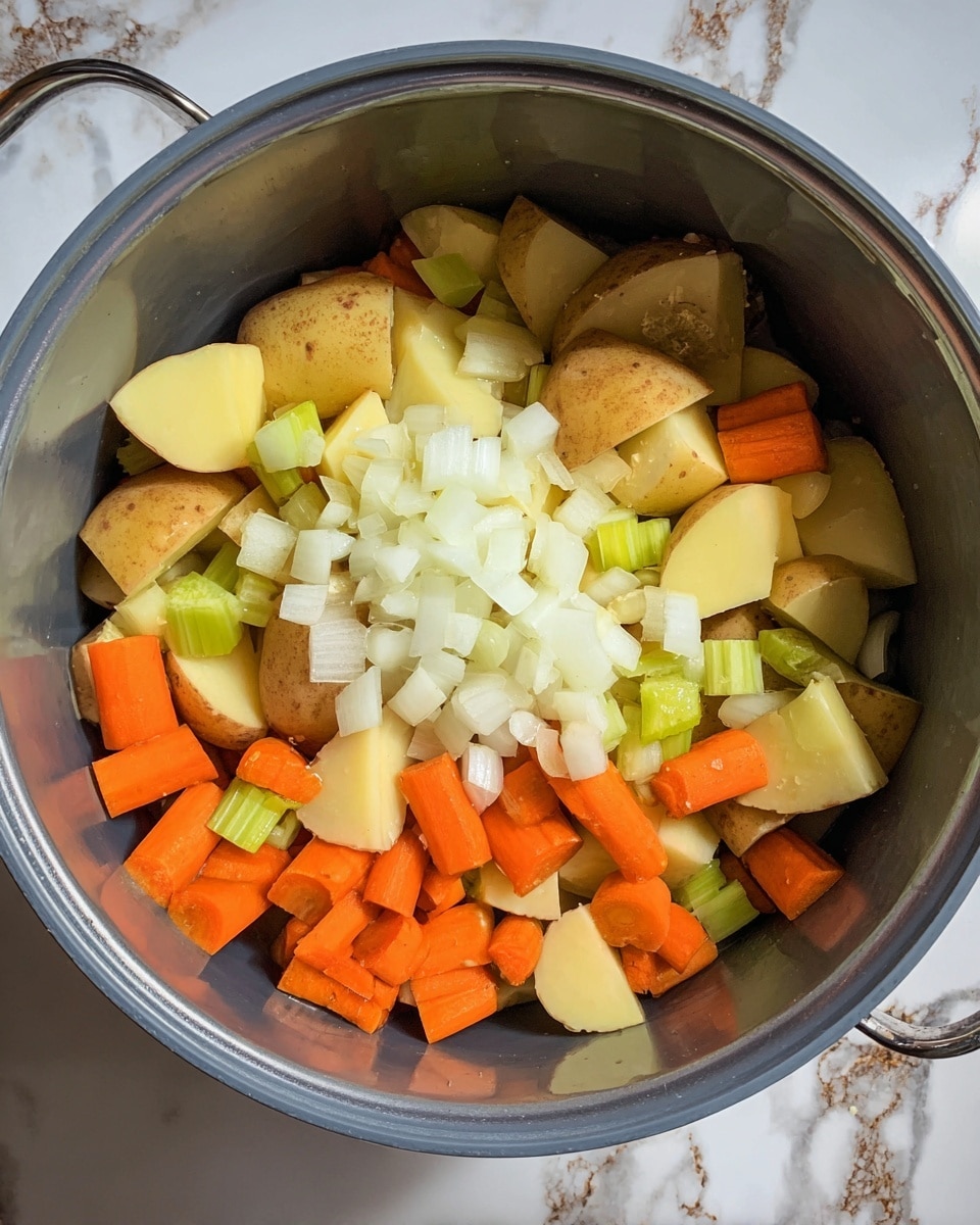 Inside a grey pot, there is a colorful mix of chopped vegetables. The bottom layer has large pieces of light brown potato with the skin still on, cut into halves or quarters. Scattered among the potatoes are bright orange carrot chunks that look fresh and firm. Light green celery pieces are also mixed in, giving a different shade to the pile. On top of everything, there is a pile of small white onion pieces that stand out with their sharp color. The pot sits on a white marbled surface with hints of brown from the cooking area around it. photo taken with an iphone --ar 4:5 --v 7