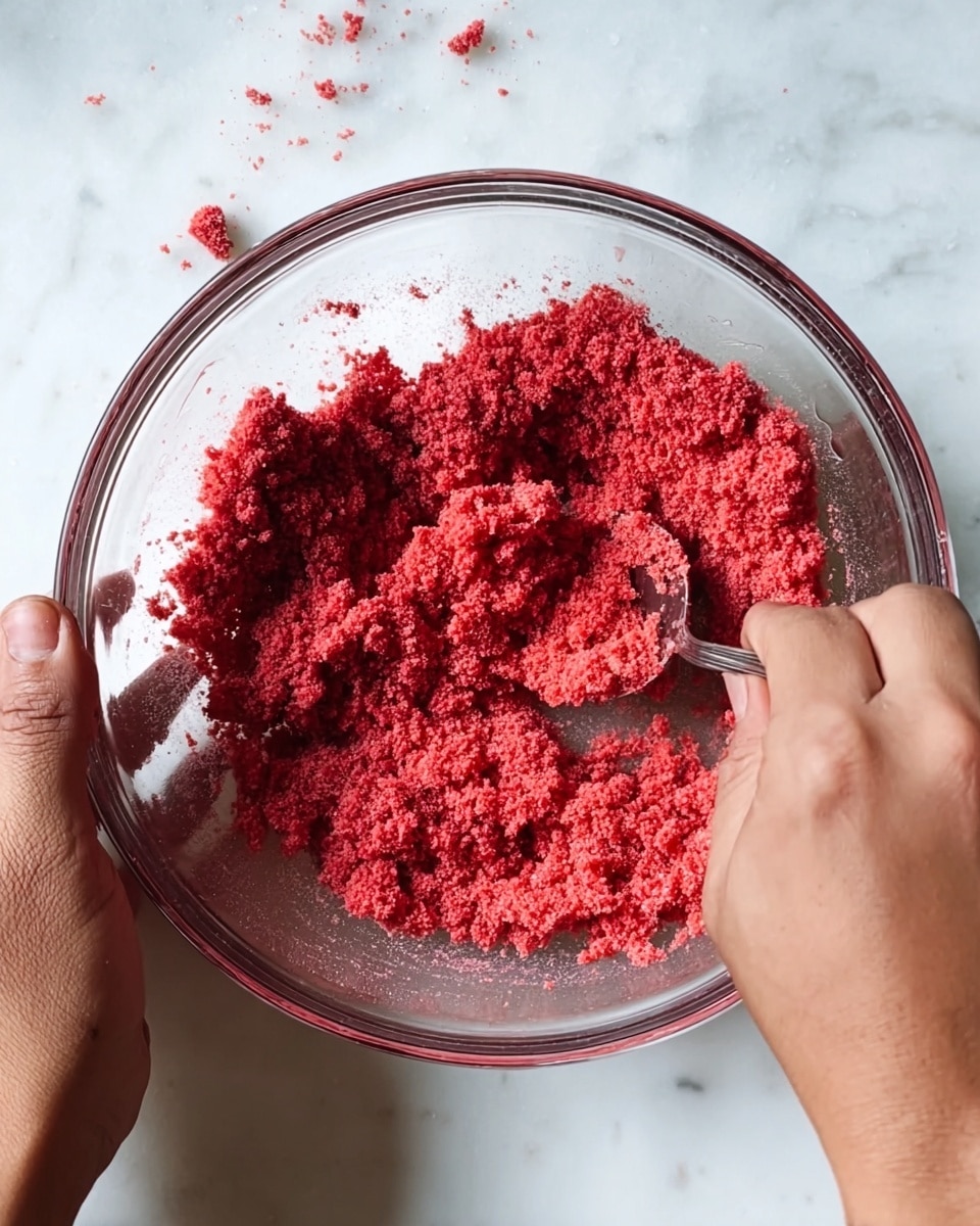 A clear glass bowl sits on a white marbled surface filled with bright red crumbly mixture that looks coarse and powdery. Two hands are in motion around the bowl, one holding the side and the other stirring the mixture with a spoon, creating a textured, rough look inside the bowl. Small crumbs scatter around the bowl on the surface. The color of the mixture contrasts sharply with the clean white marbled background, highlighting the vibrant red tones. photo taken with an iphone --ar 4:5 --v 7