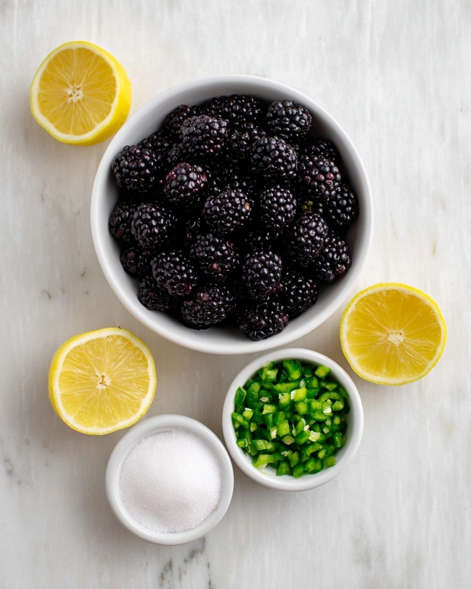 The image shows four items arranged on a white marbled surface: at the center is a white bowl filled with dark, plump blackberries that have a shiny texture; above it is a smaller white bowl containing finely chopped green jalapeño peppers, vibrant and fresh; below the blackberries is another small white bowl filled with fine white granulated sugar; and to the left and right sides of the bowls are two lemon halves with bright yellow flesh and visible segments. photo taken with an iphone --ar 4:5 --v 7