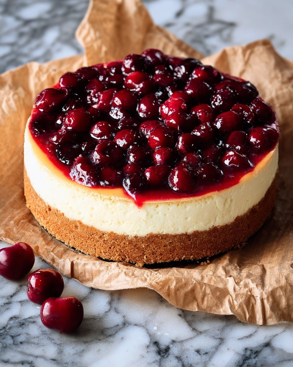 The image shows a round cherry cheesecake with three layers. The bottom layer is a thick, crumbly golden-brown crust. The middle layer is a smooth, pale yellow cream cheese filling. The top layer is a glossy, deep red cherry topping filled with whole cherries. The cheesecake sits on crumpled brown parchment paper, which is placed on a white marbled surface. A few whole cherries are scattered near the cheesecake. photo taken with an iphone --ar 4:5 --v 7