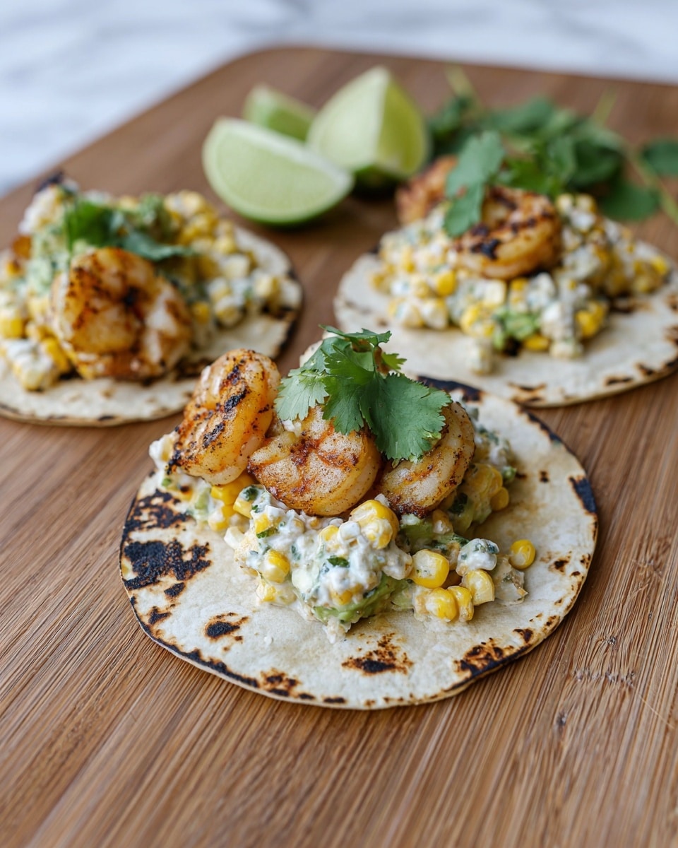 Three small tacos are placed on a wooden surface with a white marbled texture. Each taco begins with a slightly toasted white tortilla base, showing brown char marks. On top, there is a layer of green avocado chunks, followed by grilled shrimp with a light brown and orange color. The shrimp is covered with a creamy corn mixture, visible with white cream and yellow corn kernels mixed with small green herbs. Fresh green cilantro leaves are placed on top, adding a pop of color. In the background, there are lime wedges cut in halves and quarters with a bright green color. Photo taken with an iphone --ar 4:5 --v 7