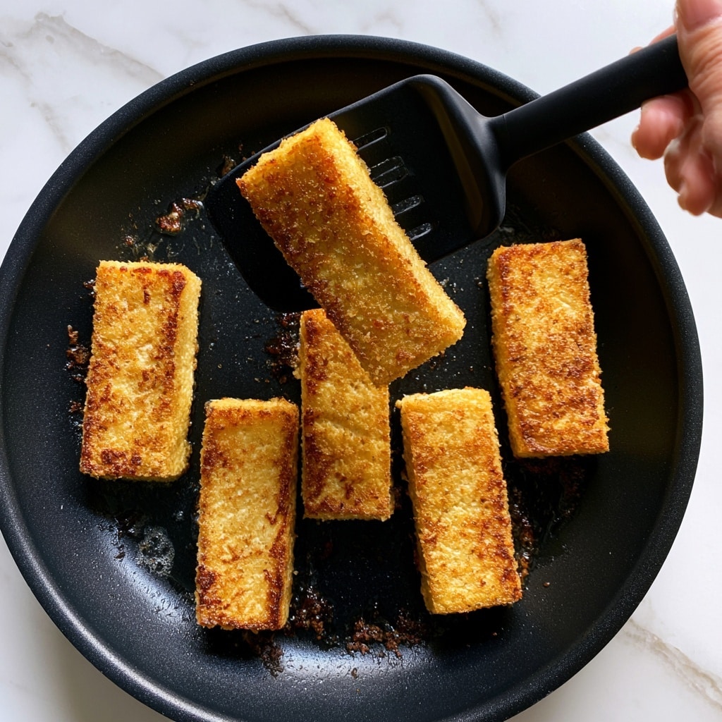 The image shows a black frying pan with five rectangular pieces of tofu being fried until golden brown and crispy. The tofu pieces are evenly spaced inside the pan, with a slightly rough and golden surface texture that shows browning from cooking. A black spatula held by a woman's hand lifts one tofu piece above the pan, highlighting its crispy texture and golden color. The pan has some oil and small browned bits scattered inside, while the background is a white marbled surface. photo taken with an iphone --ar 4:5 --v 7