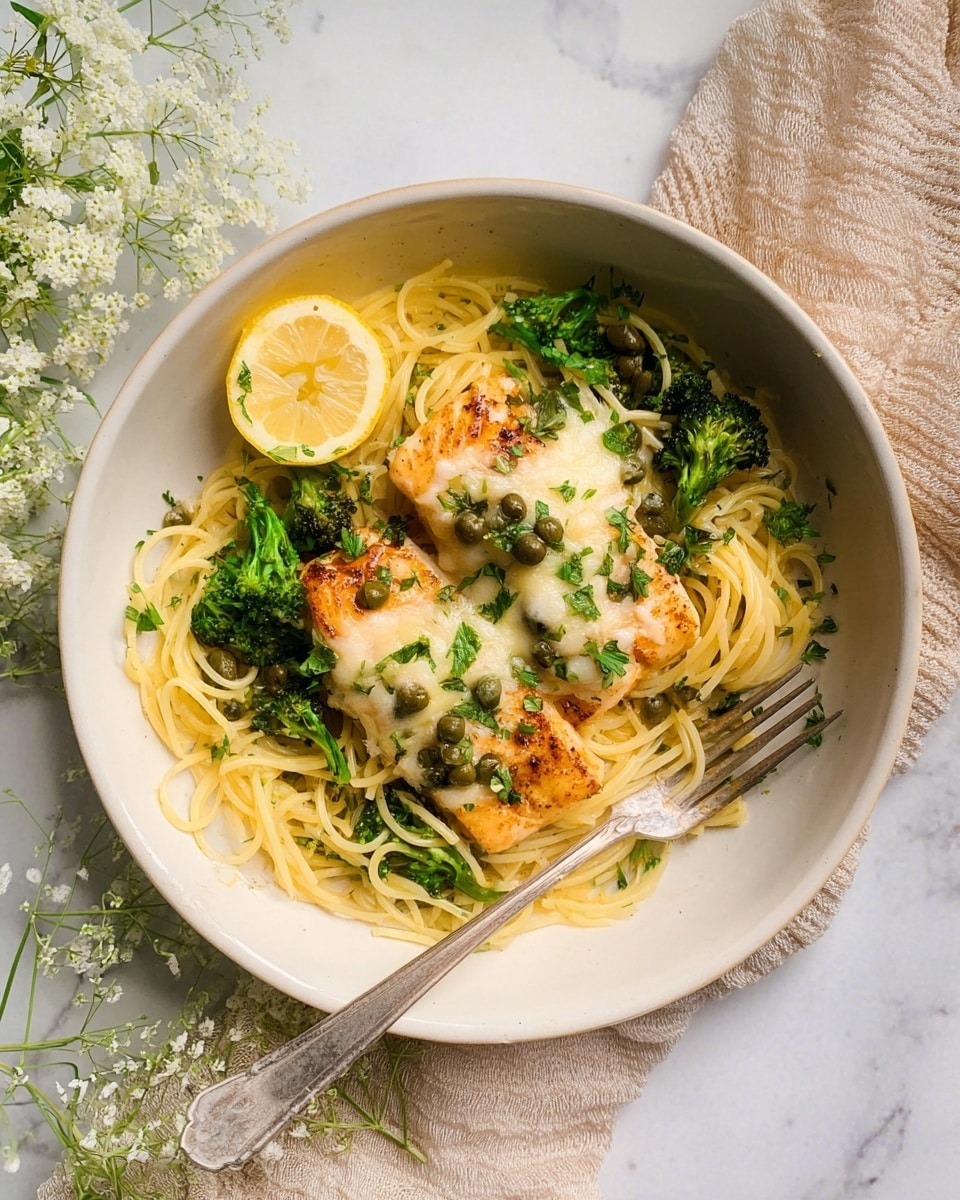A white bowl holds three layers: the bottom layer is light yellow spaghetti mixed with green broccoli florets and small capers; the middle layer has two golden-brown fish fillets topped with melted white cheese and sprinkled with chopped green herbs; a lemon wedge with bright yellow color sits on the edge of the spaghetti. A silver fork is placed on the right side inside the bowl. There is a beige cloth and white flowers around the bowl, and the bowl is on a white marbled surface. photo taken with an iphone --ar 4:5 --v 7