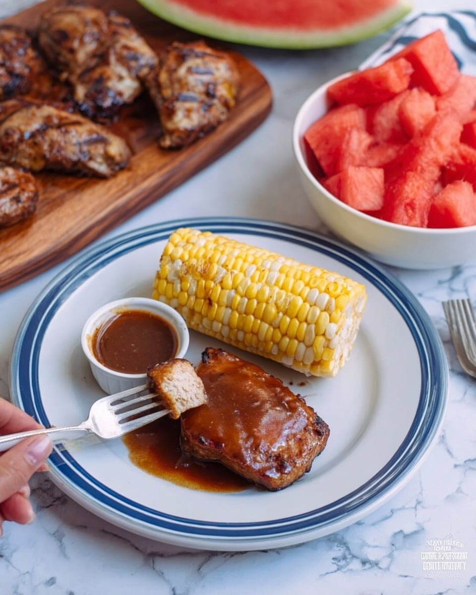 The image shows a white plate with a blue rim holding a piece of grilled meat covered in shiny brown sauce on the right side, and a piece of light yellow corn on the cob placed above it. A fork with a piece of the meat chunked out is held by a woman's hand on the left side of the plate. In the background, there is a wooden board with more grilled meat and a small white bowl filled with the same brown sauce, along with a large white bowl filled with bright red watermelon slices with green edges. The surface underneath is a white marbled texture. Photo taken with an iphone --ar 4:5 --v 7