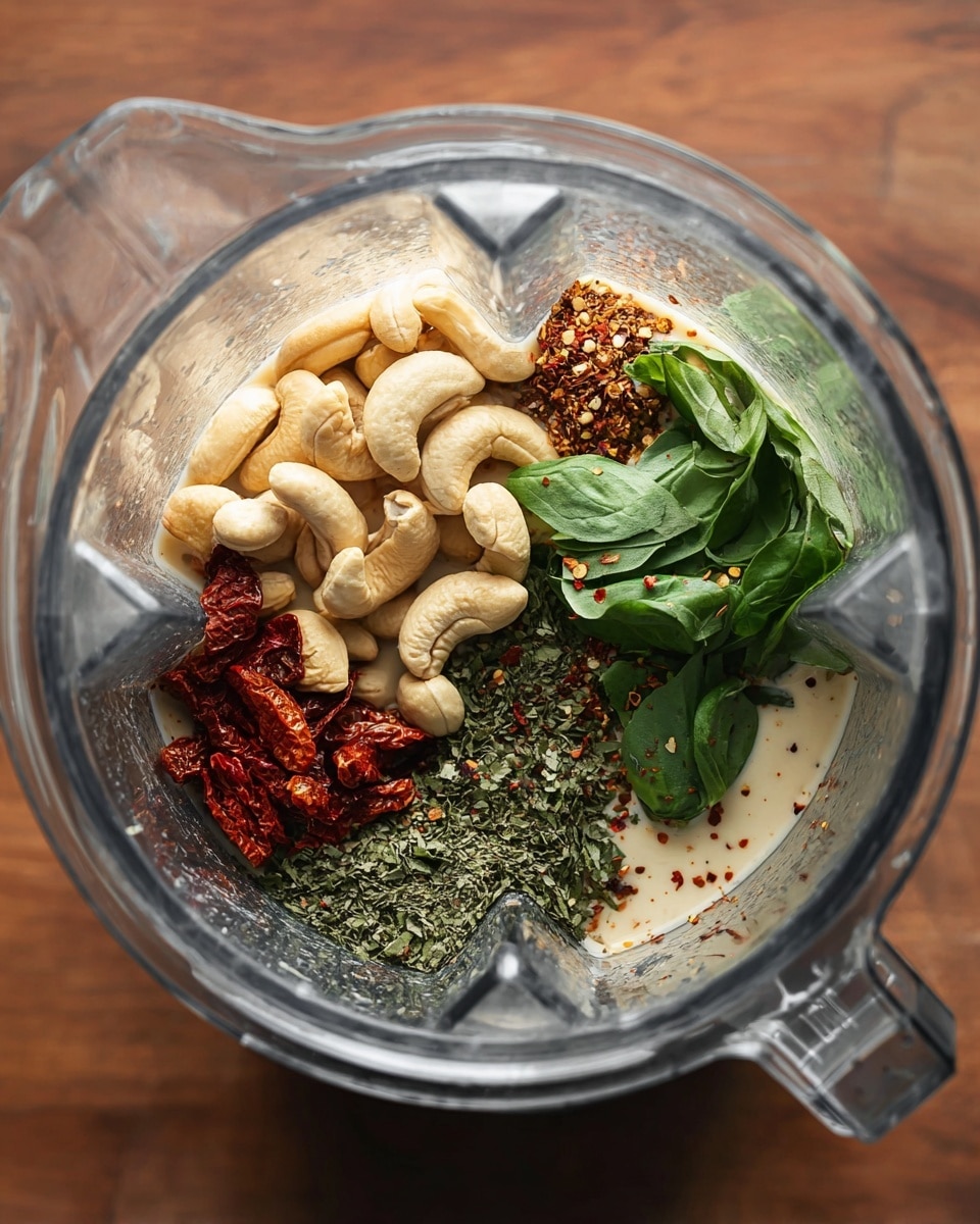 Inside a clear blender, there are several layers of ingredients. On the left side are whole pale cashew nuts stacked loosely. Near the cashews, reddish-brown dried tomato pieces add color, and below that, there is a thick layer of green dried herbs scattered around. Fresh green basil leaves lie on the right side, some whole and some folded, showing a natural texture. There are small red pepper flakes sprinkled over the green herbs and basil. At the base, you can see a light beige liquid with a smooth texture, adding a soft creaminess to the mix. The blender sits on a white marbled surface. photo taken with an iphone --ar 4:5 --v 7