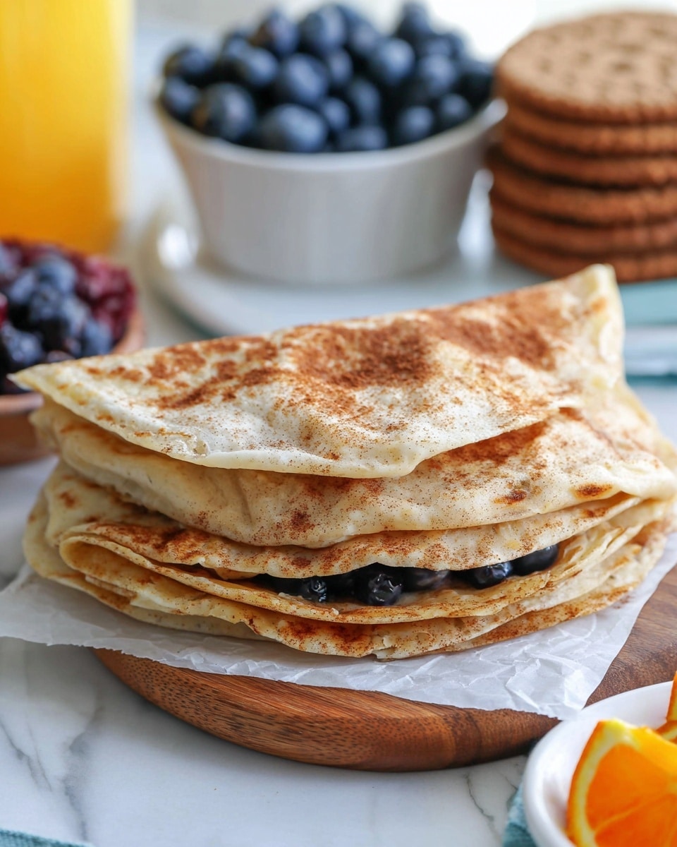 A stack of four folded tortillas sits on a small wooden board with white parchment paper. Each tortilla layer is light golden brown with a slightly toasted texture, and blueberries peek out from the second layer, adding a dark blue pop of color. The tortillas have a sprinkle of cinnamon or a similar spice on the top layer, giving it a warm brown dusting. In the background, a white bowl filled with fresh blueberries, a white plate stacked with round brown cookies, and a partially visible orange wedge add more layers of color. All items rest on a white marbled surface. Photo taken with an iphone --ar 4:5 --v 7