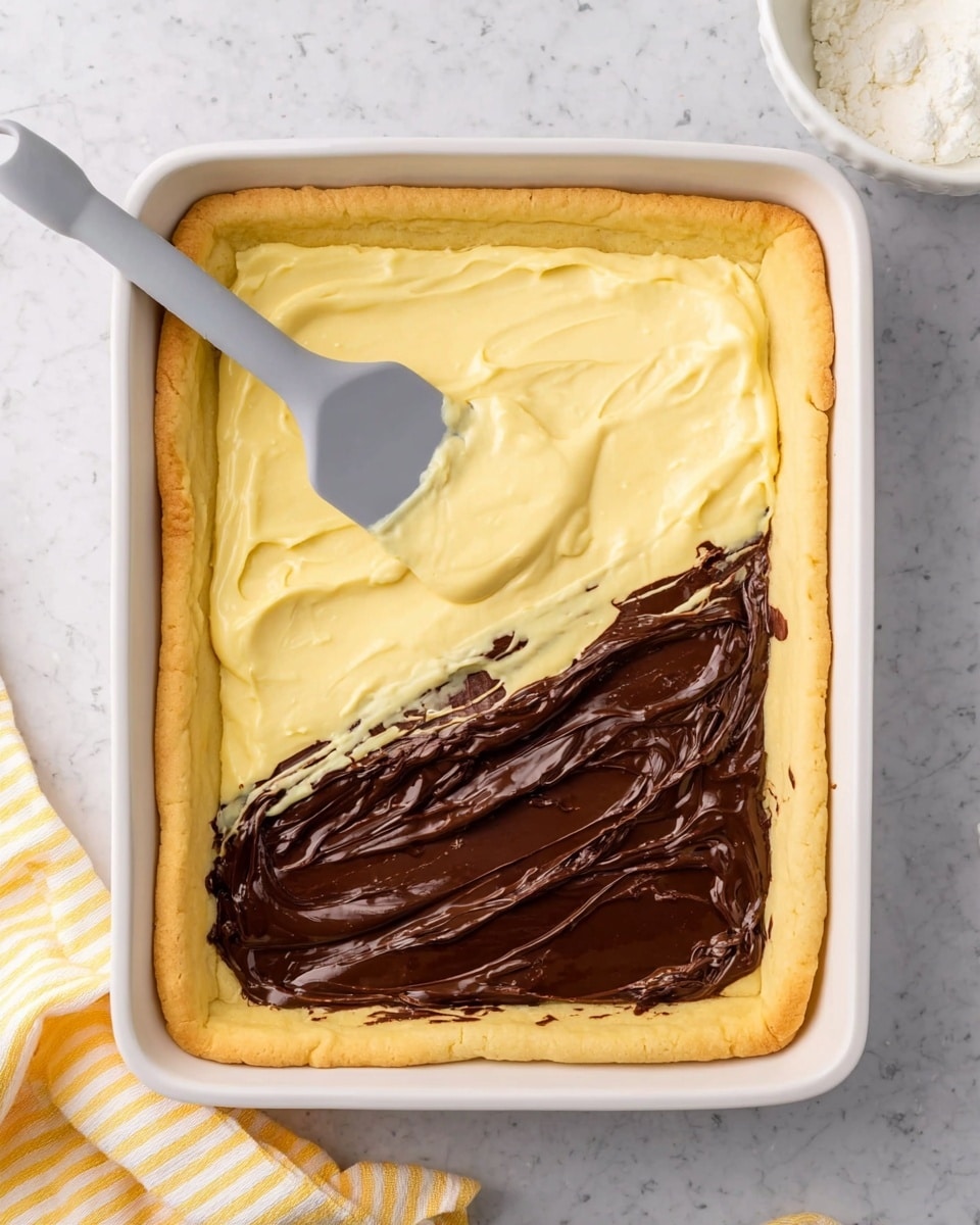 A rectangular white baking dish holds a puffed golden-brown crust base with slightly raised edges. Inside the crust, there are two distinct layers visible: a smooth, creamy pale yellow custard filling being spread on the left side with a light gray spatula, and a dark brown, glossy chocolate layer on the right side with uneven drizzle lines. The surface beneath the dish is a white marbled texture, with a partially visible white bowl containing a white substance at the top right corner and a yellow-striped cloth at the bottom left corner. Photo taken with an iphone --ar 4:5 --v 7