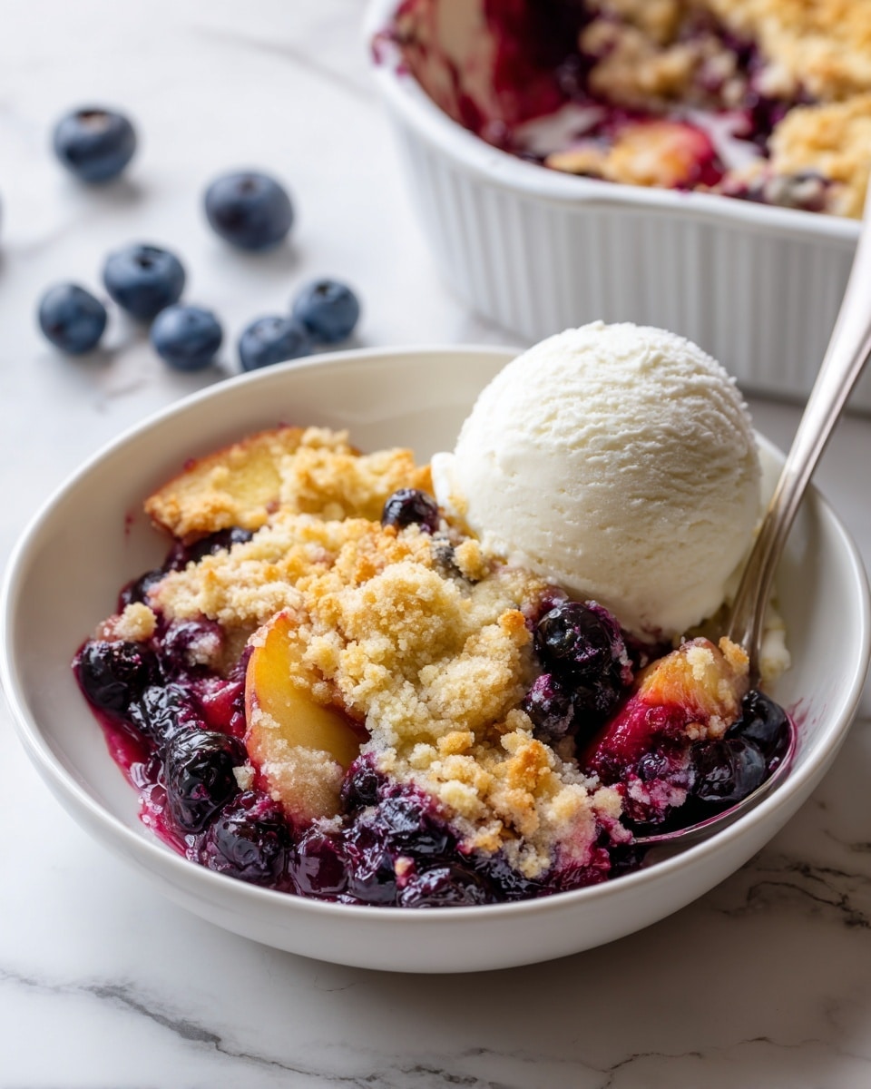 A round white bowl holds a serving of fruit cobbler with a top layer of golden crumbly crust mixed with bright dark purple blueberries and soft yellow peach pieces. Below the crust, there is a moist layer of cooked peach and berry filling showing juicy textures and colors blending into each other. On one side of the bowl, there is a smooth round scoop of white vanilla ice cream. A silver spoon at the bottom right holds a mix of the cobbler and fruit pieces. Part of the white baking dish with more cobbler is blurred in the background on a white marbled surface, with some loose blueberries around it. photo taken with an iphone --ar 4:5 --v 7