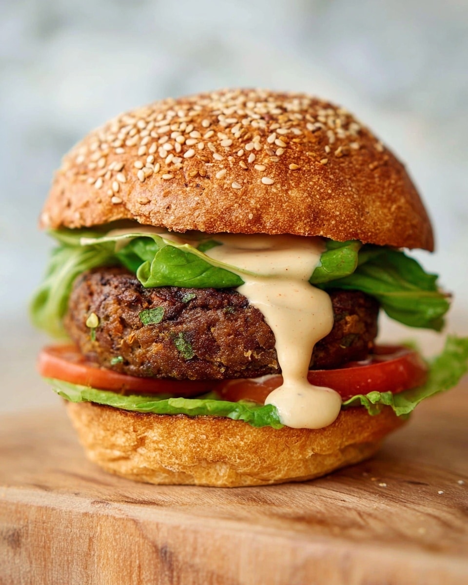 A close-up view of a sandwich presents four main layers: the top layer is a golden-brown sesame seed bun with a coarse texture, dotted generously with white sesame seeds; beneath it is a thick veggie patty that appears dark brown with bits of green and pink visible, coated partially in smooth, creamy sauce dripping slightly over the edges; under the patty lies a fresh green leafy lettuce with visible veins, and a thin slice of bright red tomato peeks out just below the sauce; the bottom layer is a golden-brown bun resting on a wooden surface; the whole image is set against a soft, blurred white marbled texture background. photo taken with an iphone --ar 4:5 --v 7