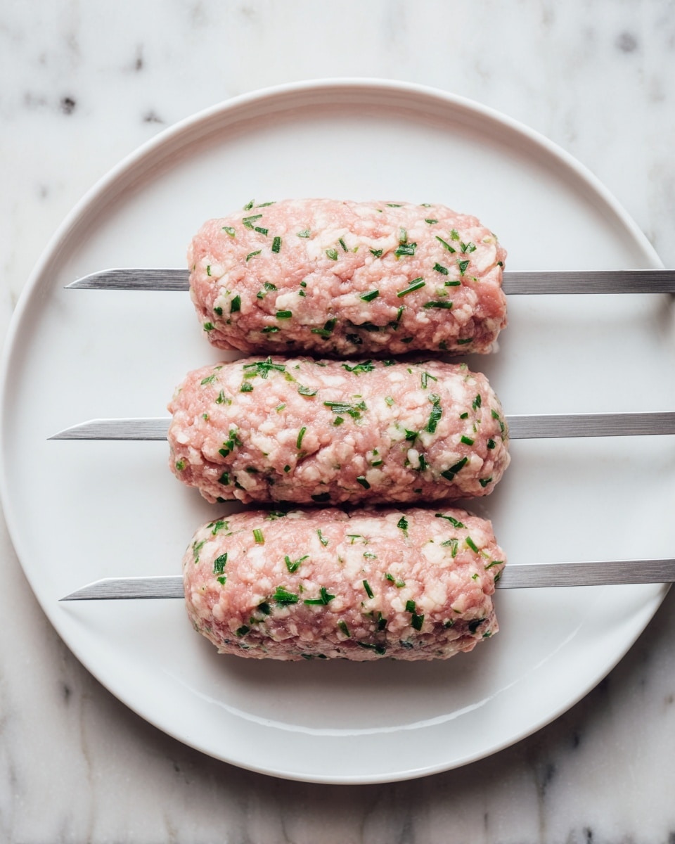 Three skewers of raw minced meat mixed with green herbs are evenly shaped and placed side by side on a white round plate. The meat is light pink with visible small green herb pieces spread throughout. Each skewer has a flat metal blade extending beyond the meat on one end. The plate is on a surface with a white marbled texture. The photo taken with an iphone --ar 4:5 --v 7