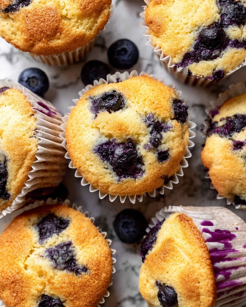 The image shows a close-up of several blueberry muffins arranged together on a white marbled surface, with some muffins resting in white paper liners that have purple blueberry stains. Each muffin is golden brown on top with a soft, slightly bumpy texture, and dark blueberries are scattered unevenly throughout the muffins, creating dark blue spots. The muffins are positioned at various angles, some showing their tops clearly while others show their sides with blueberry stains. In the background, a few fresh blueberries can be seen, adding a pop of dark blue color. The overall look emphasizes the moist texture and fresh blueberries inside the muffins photo taken with an iphone --ar 4:5 --v 7