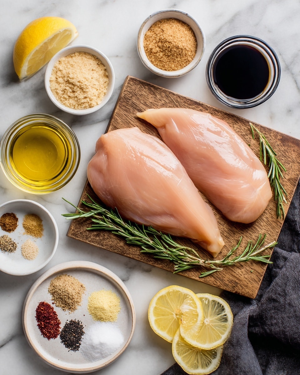 Two raw boneless, skinless chicken breasts with a light pink color lie flat on a wooden cutting board placed on a white marbled surface. Surrounding the cutting board are small white dishes and glass bowls containing various ingredients: a small white bowl with brown sugar, a small white bowl with rosemary sprigs, a white plate with four small piles of onion powder, garlic powder, salt, and black pepper arranged in a circle, a small clear glass with golden olive oil, a small clear glass with dark balsamic vinegar, and a small clear glass with dark soy sauce. There are also three lemon wedges placed near the ingredients, and a dark gray cloth rests on the right side of the arrangement. Photo taken with an iphone --ar 4:5 --v 7