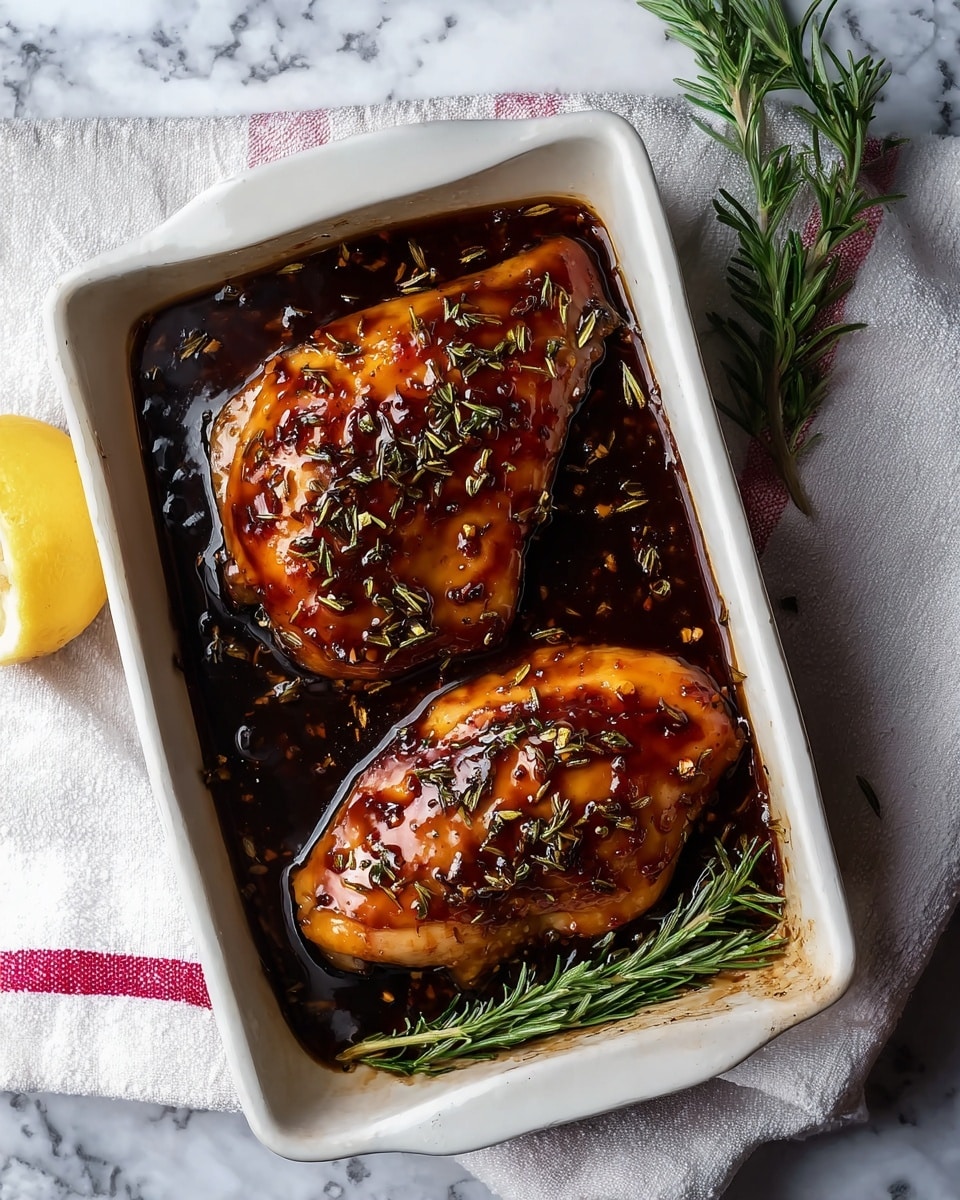 Two pieces of brown glazed chicken in a white rectangular baking dish, covered in a dark sauce with scattered dried herbs on top. The dish sits on a white cloth with a red stripe, all placed on a white marbled surface. A lemon wedge and a sprig of rosemary rest nearby. photo taken with an iphone --ar 4:5 --v 7