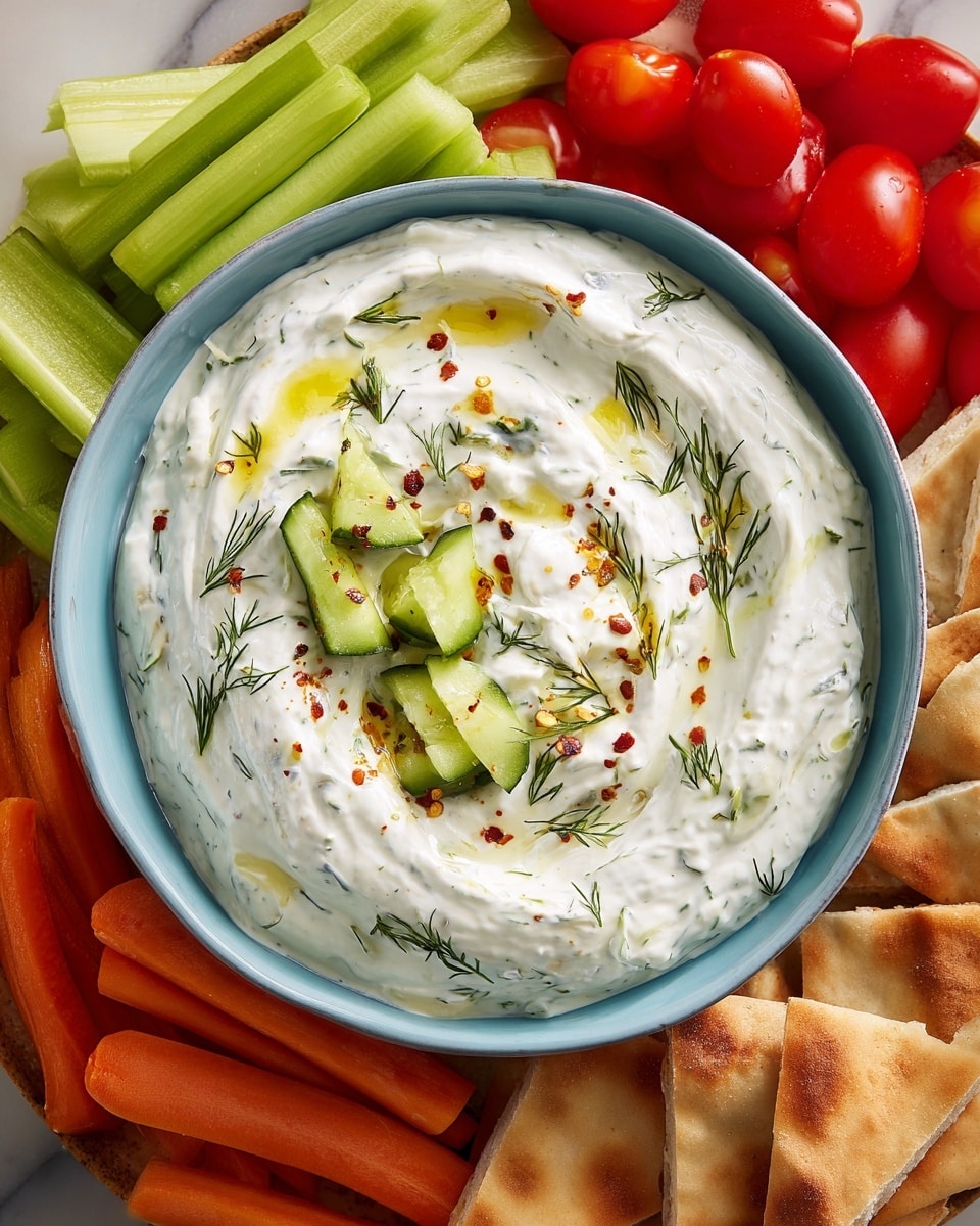 A blue bowl filled with a creamy white dip topped with small green cucumber pieces, a drizzle of olive oil, and sprinkled herbs, sitting on a wooden surface. Surrounding the bowl are several pieces of light brown, crispy pita chips arranged standing up. Around them, fresh green celery stalks, sliced cucumbers, bright orange carrot sticks, and some red tomato wedges are neatly placed. The scene is bright and fresh with the bowl and vegetables clearly visible. Photo taken with an iphone --ar 4:5 --v 7