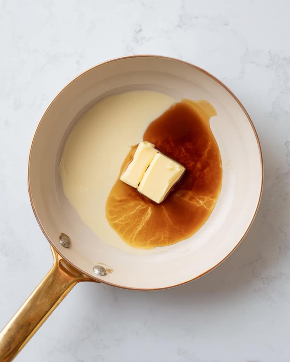 A white pan with a golden handle sits on a white marbled surface. Inside the pan, there are three ingredients forming distinct layers: a light cream-colored liquid on one side, a dark amber liquid spreading in the middle and towards the edges, and a small block of pale yellow butter placed on top near the center. The liquids have a smooth, slightly shiny texture, and the butter has a soft, solid look with three visible sections. Photo taken with an iphone --ar 4:5 --v 7