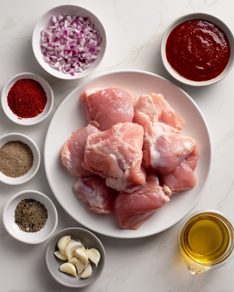 The image shows raw boneless skinless chicken thighs stacked in the center of a white plate, placed on a white marbled surface. Around the plate, there are small white bowls filled with different ingredients: finely chopped red onions in one bowl at the top left, a smooth dark red adobo sauce in a bowl at the top right, a small bowl with bright red ancho chile powder to the left, and a bowl with mixed dry spices including oregano, salt, cumin, and pepper at the bottom left. Near the bottom right, there is a small metal cup with chopped garlic, and next to it, a transparent cup with golden oil. Each ingredient is labeled with clear text. Photo taken with an iphone --ar 4:5 --v 7
