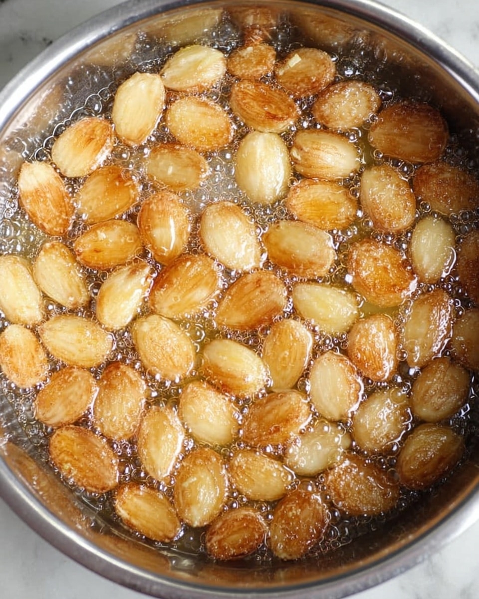 The image shows many garlic cloves being fried in hot oil inside a silver pan. The garlic cloves are light golden brown with a slightly crispy texture on the outside, and they are surrounded by small bubbles from the boiling oil. The cloves are spread evenly across the pan, some floating while others rest at the bottom. The pan edges are silver and shiny, contrasting with the warm colors of the garlic. The background surface is white marble. photo taken with an iphone --ar 4:5 --v 7