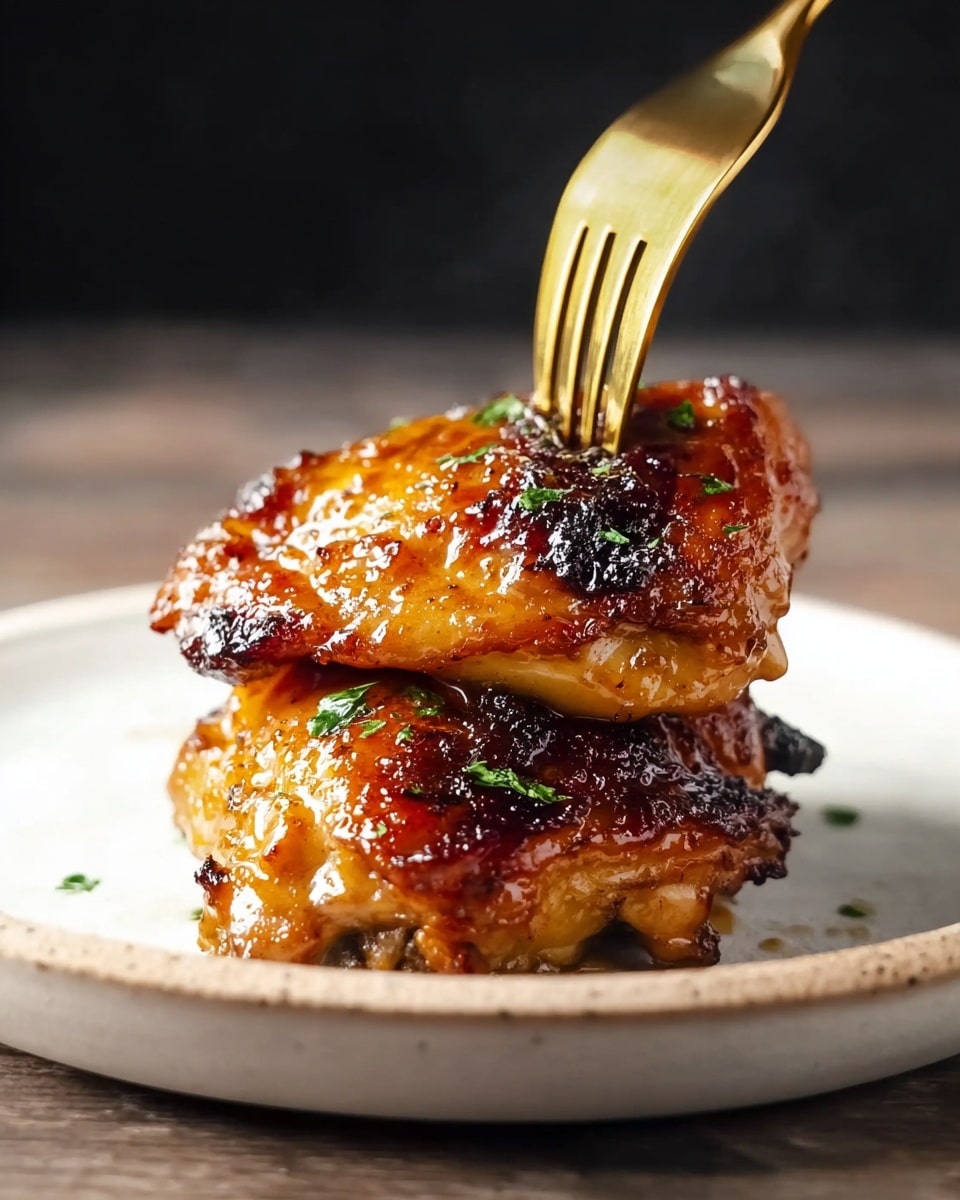 There are two shiny golden brown glazed chicken thighs stacked on a white plate, with the top piece showing some crisp, slightly charred edges and small green herb bits, while a gold fork pierces the top thigh from above, all on a white marbled textured surface background photo taken with an iphone --ar 4:5 --v 7