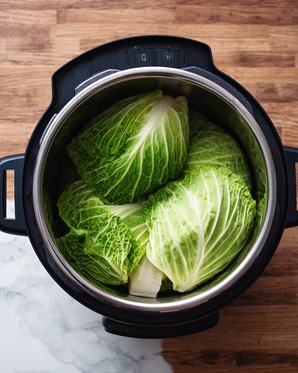 Inside a black electric cooker on a white marbled surface, several thick green cabbage leaves are arranged in a slightly overlapping way, filling the round silver metal inner pot. The cabbage leaves show light and dark green shades with white thick stems at their base, with a smooth, fresh texture. The cooker has two side handles and a black rim with control buttons visible. Photo taken with an iphone --ar 4:5 --v 7