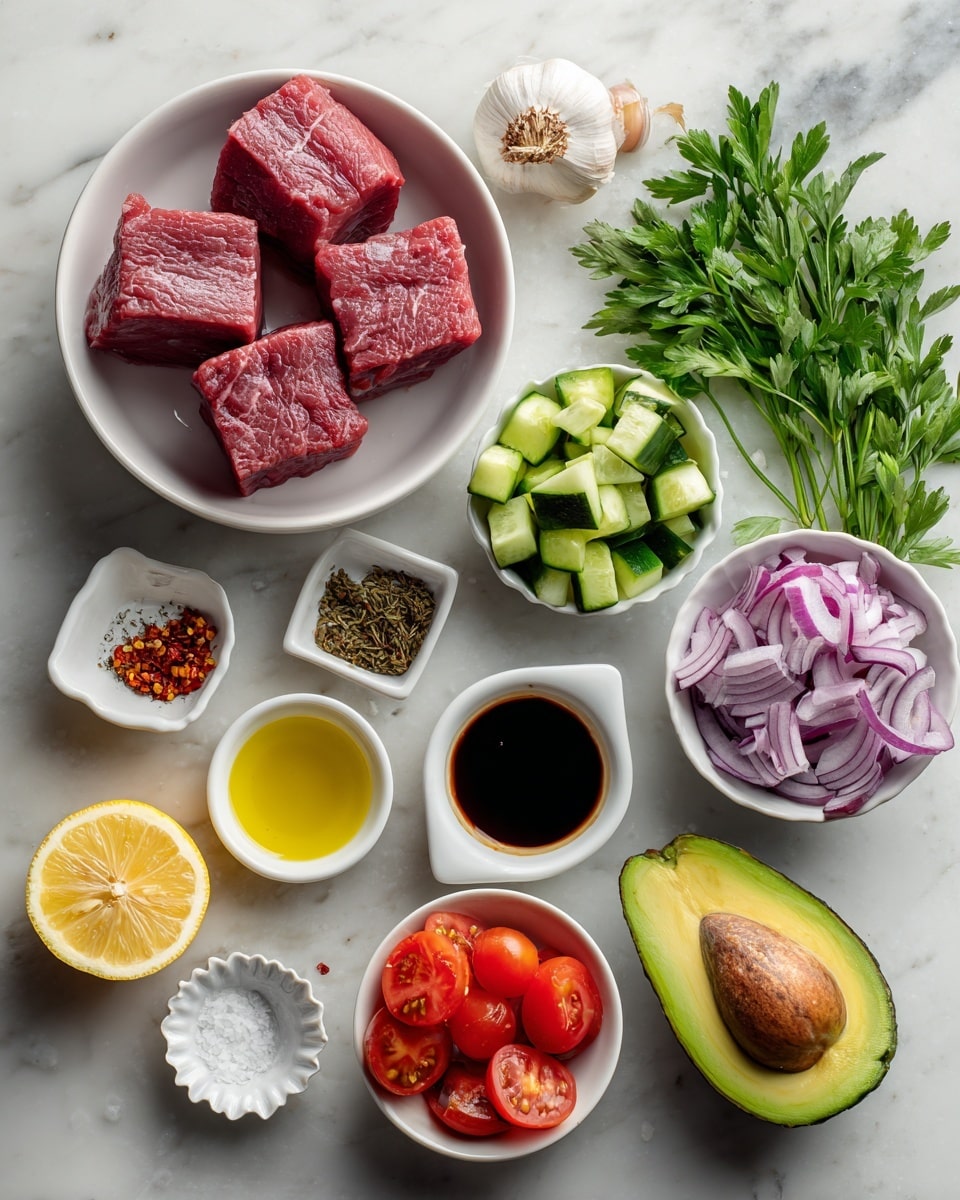 The image shows fresh ingredients neatly arranged on a white marbled surface. On the left, there is a white bowl holding three pieces of raw red meat, rich in color and texture, with visible marbling. Surrounding the meat, there are small white bowls containing dark brown sauce, red chili flakes, golden olive oil, bright red grape tomatoes, and sliced purple onions. In the middle, another white bowl is filled with chopped green cucumbers. To the right, a halved avocado is on the surface, showing its smooth green inside and brown seed. Next to the avocado, there is a bunch of fresh green parsley. Above these items, garlic cloves and a whole garlic bulb are placed alongside a small white scalloped dish of salt and pepper. At the bottom left, two lemon halves add a pop of yellow color. The overall scene is vibrant with fresh ingredients arranged neatly and brightly lit. photo taken with an iphone --ar 4:5 --v 7