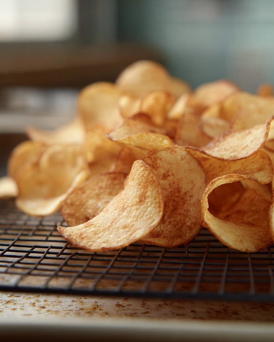 The image shows a close-up view of a pile of light golden-brown potato chips with a rough texture, resting on a black wire cooling rack. The cooling rack is set on a metal tray, and the background is softly blurred. The chips appear thin and curved, with some overlapping each other, adding depth to the scene. photo taken with an iphone --ar 4:5 --v 7