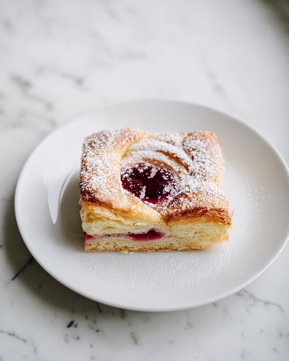 A single square piece of a pastry sits in the middle of a plain white plate on a white marbled surface. The pastry has three visible layers: the bottom layer is light golden and flaky, the middle is slightly thicker with a pale creamy color, and the top layer is swirled with a golden brown crust dusted with white powdered sugar. In the center of the pastry is a small pool of deep red berry filling that looks smooth and slightly glossy. Photo taken with an iphone --ar 4:5 --v 7