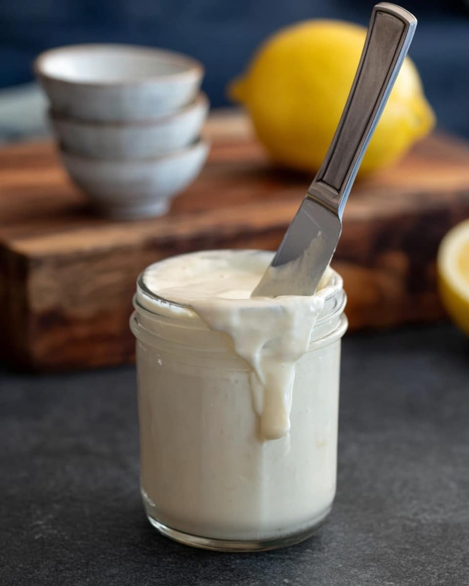 A clear glass jar filled with a thick, creamy white sauce, which is slightly dripping down the side near the top; a shiny metal knife is sticking straight up inside the jar. In the background, there is a blurred wooden cutting board with a whole yellow lemon placed on it, and three small white bowls stacked on one another. The surface beneath the jar looks dark and textured. photo taken with an iphone --ar 4:5 --v 7
