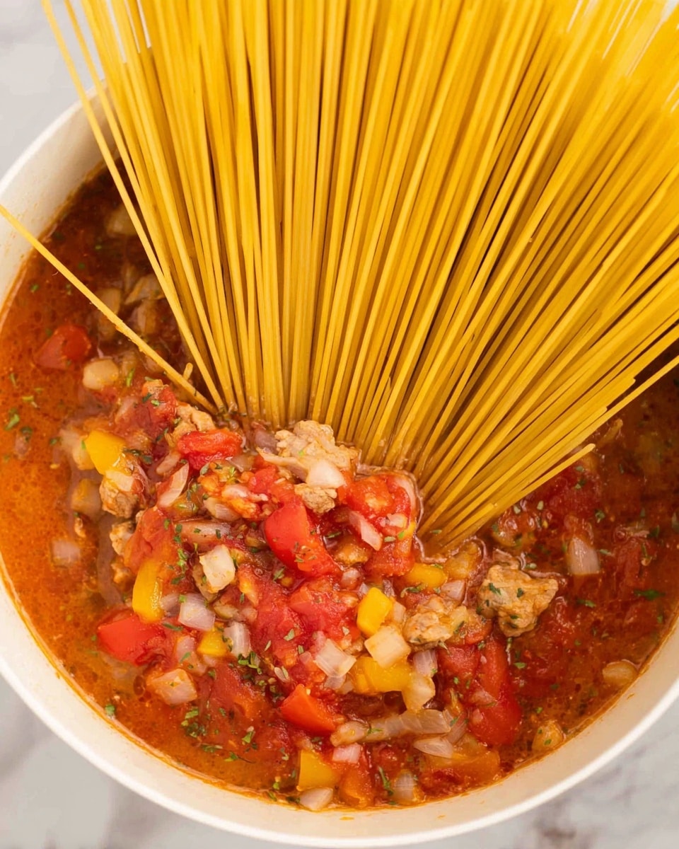 This image shows a close-up of uncooked spaghetti noodles placed on top of a rich, liquid sauce in a white bowl. The sauce layers below are made of bright red tomato chunks, yellow and red diced peppers, small pieces of white onion, and bite-size pieces of light brown meat. The sauce has small green herbs sprinkled throughout, and the spaghetti noodles are long, thin, and light yellow in color, fanning out from the center to the edge of the bowl. The surface under the bowl has a white marbled texture. photo taken with an iphone --ar 4:5 --v 7