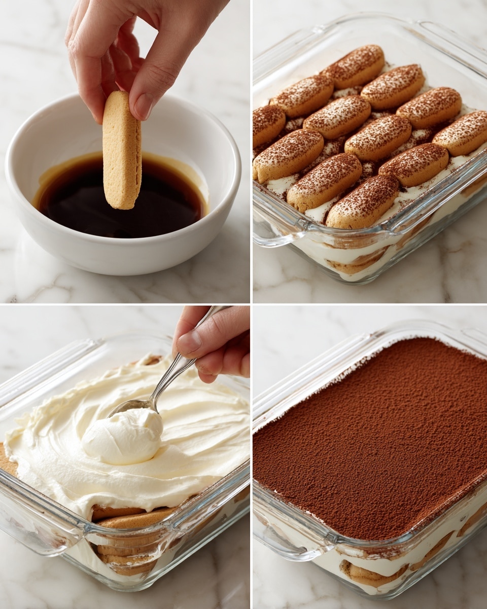 Four-step photo collage showing the process of making tiramisu: first image shows a woman's hand dipping a single ladyfinger biscuit into dark brown coffee in a white bowl on a white marbled surface; second image shows one layer of soaked ladyfinger biscuits neatly placed in a clear square glass dish; third image shows a woman's hand spooning white creamy mixture over the ladyfingers in the glass dish; fourth image shows the final layer dusted with a thick even layer of fine brown cocoa powder covering the creamy layer in the same glass dish, all on the white marbled surface photo taken with an iphone --ar 4:5 --v 7